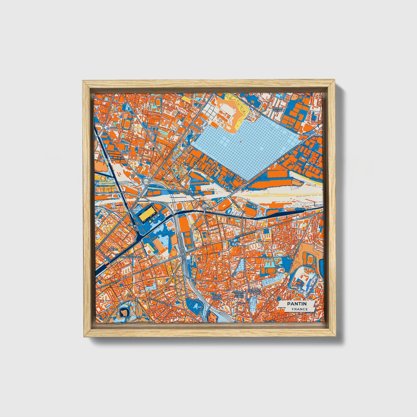 Pantin France Colorful City Map Canvas Print • Natural Wooden Framed