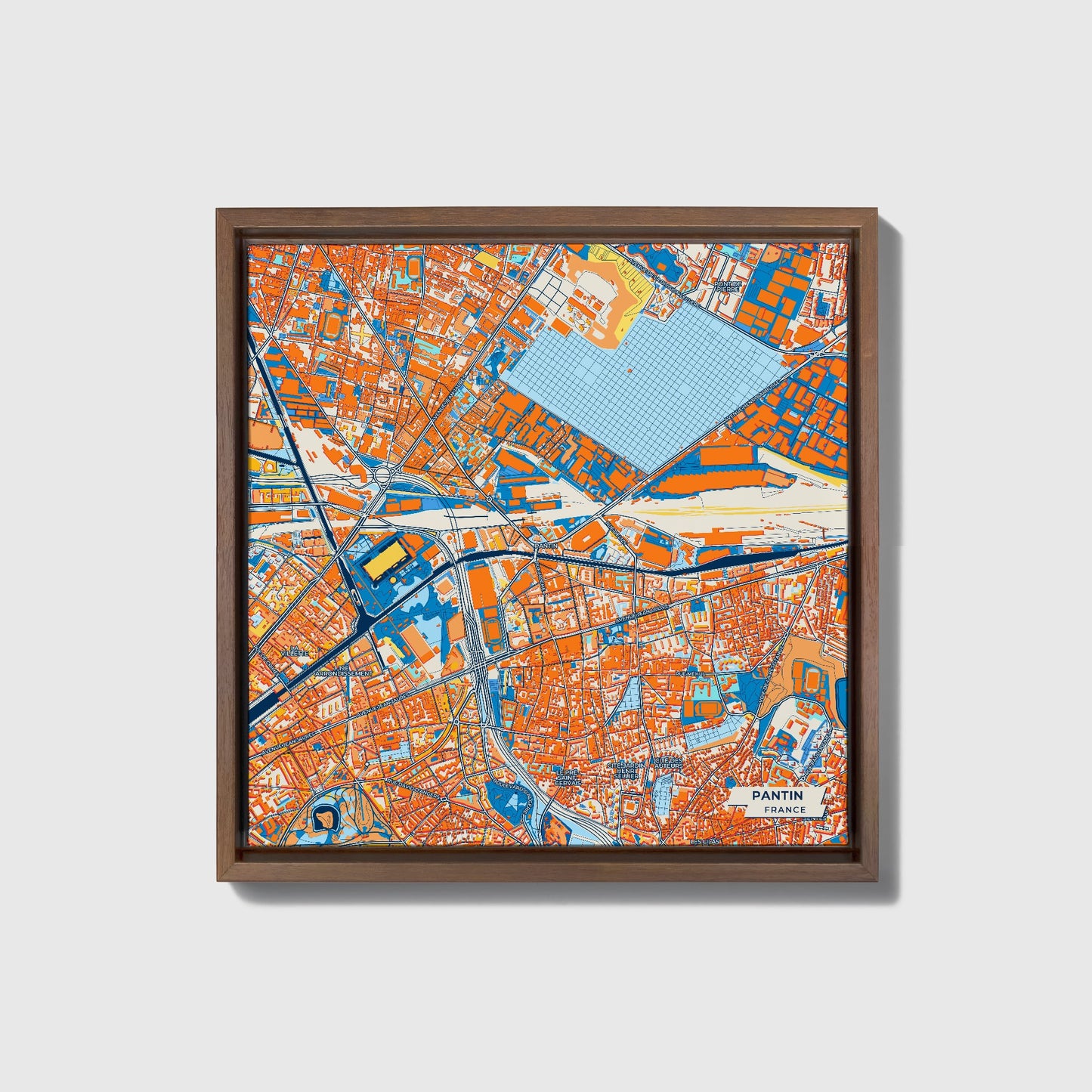Pantin France Colorful City Map Canvas Print • Dark Wooden Framed