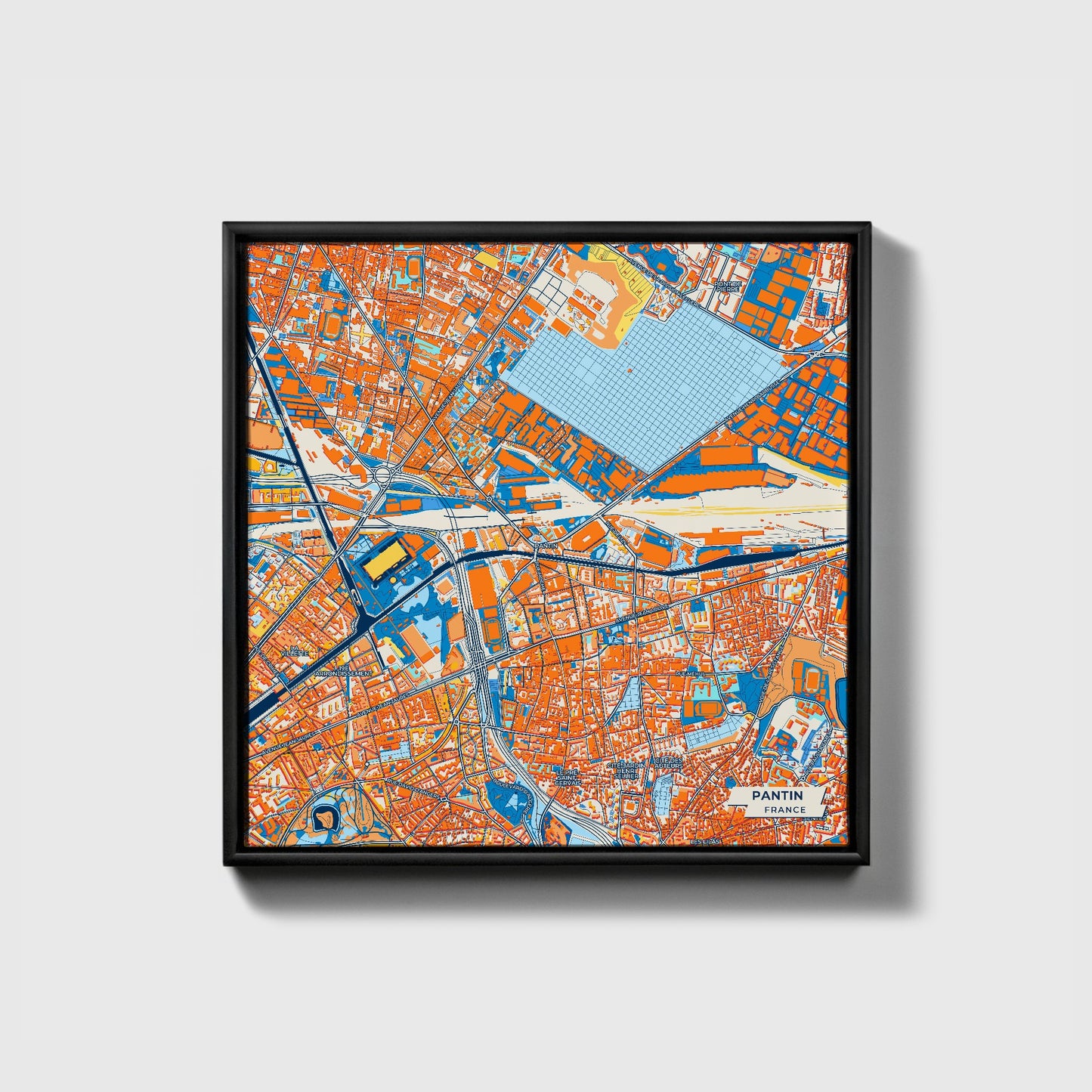 Pantin France Colorful City Map Canvas Print • Black Framed