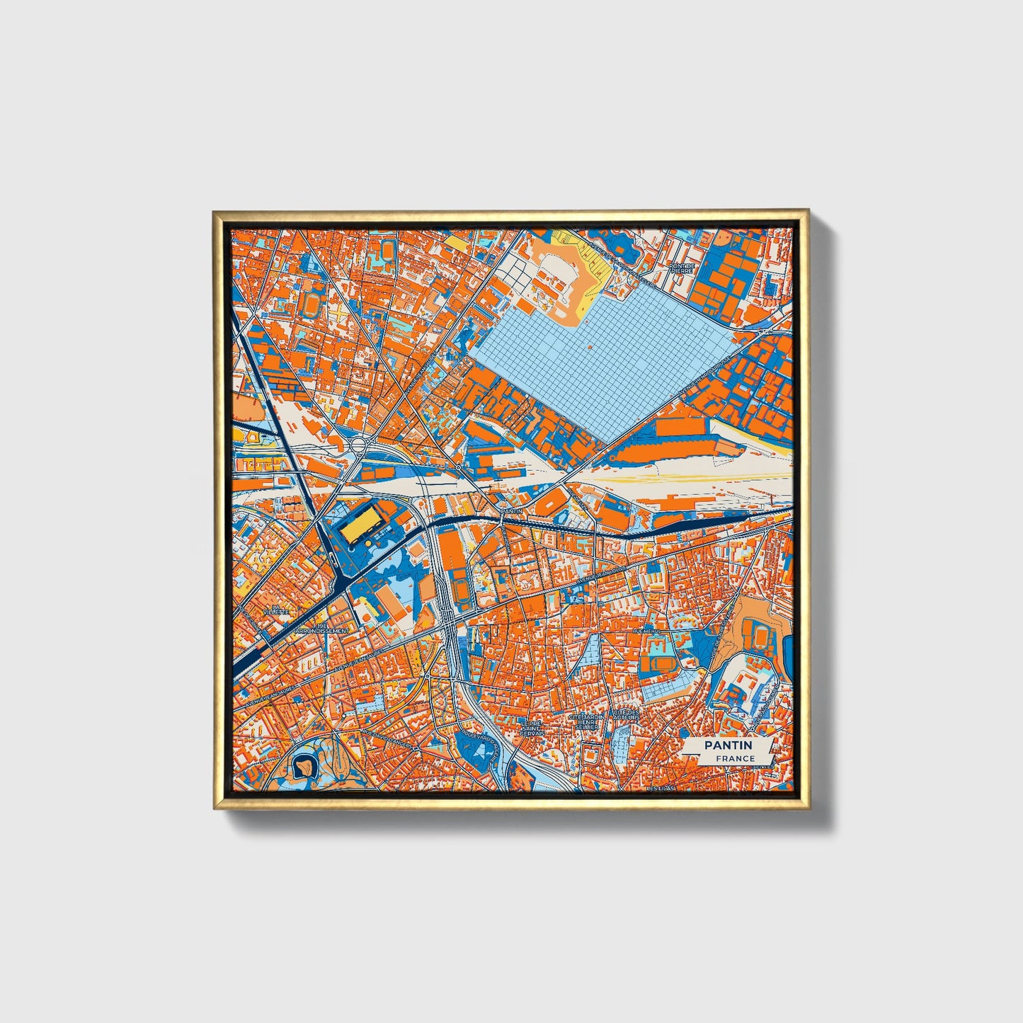 Pantin France Colorful City Map Canvas Print • Gold Framed