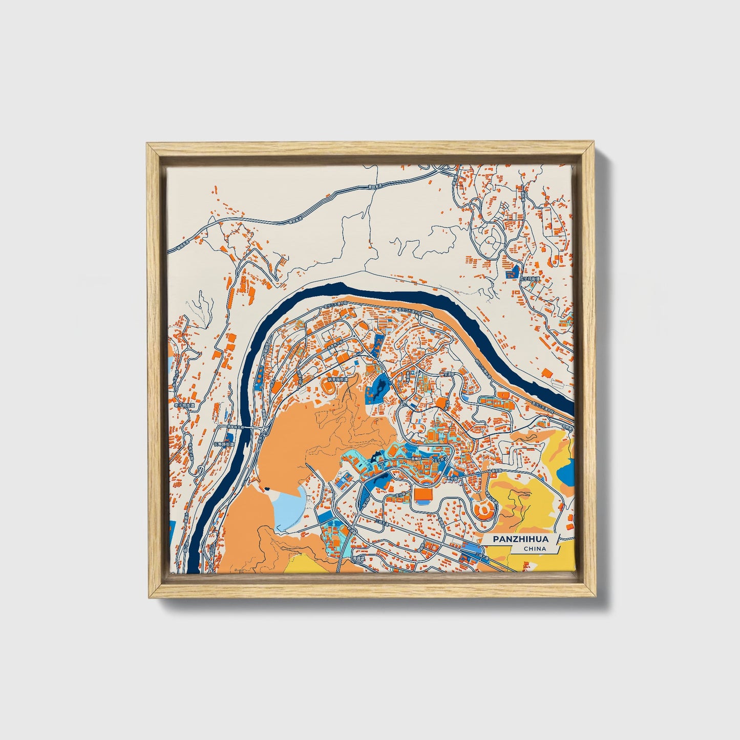 Panzhihua China Colorful City Map Canvas Print • Natural Wooden Framed