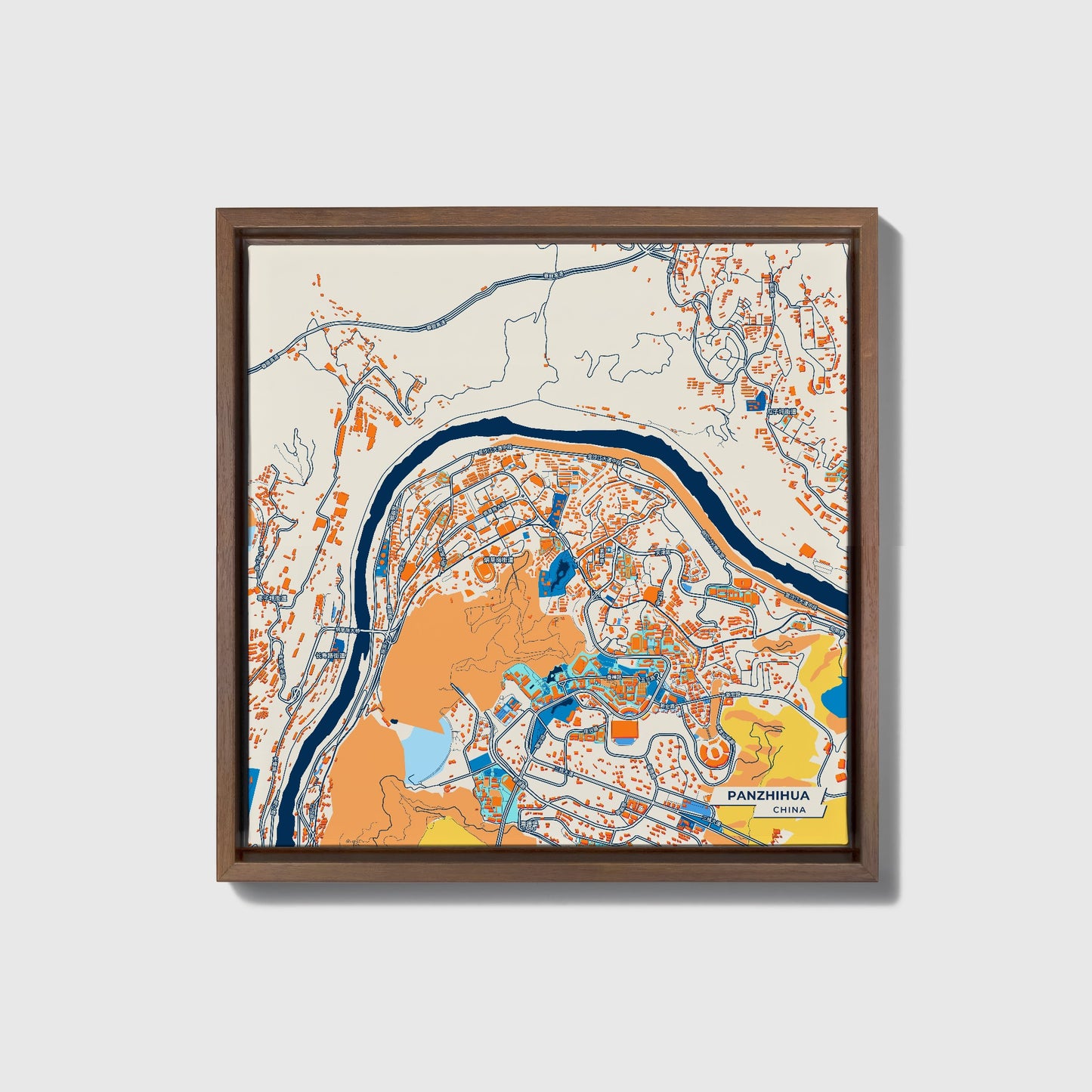 Panzhihua China Colorful City Map Canvas Print • Dark Wooden Framed