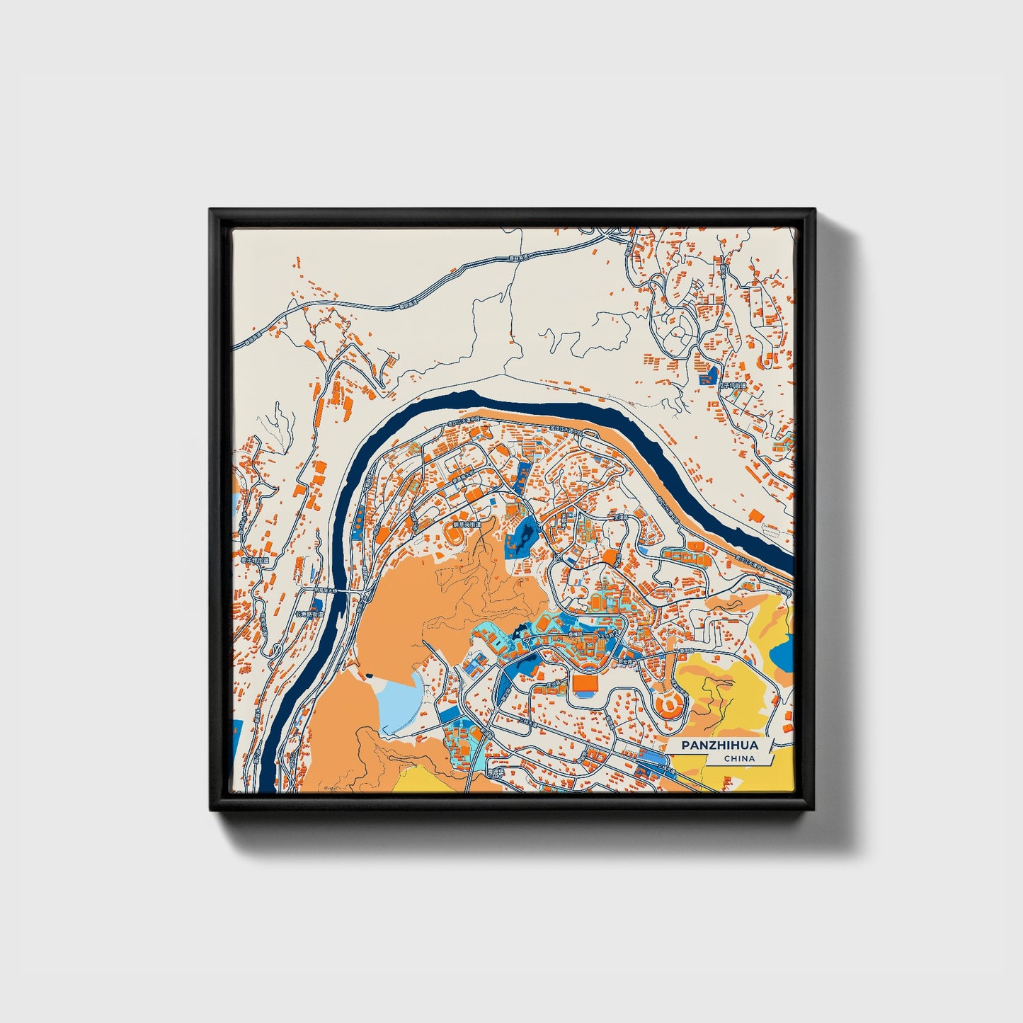 Panzhihua China Colorful City Map Canvas Print • Black Framed
