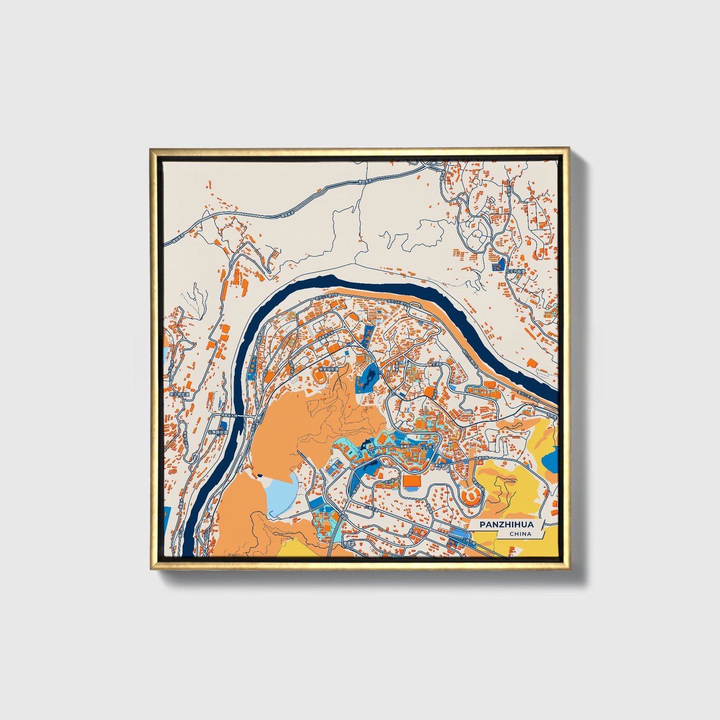 Panzhihua China Colorful City Map Canvas Print • Gold Framed