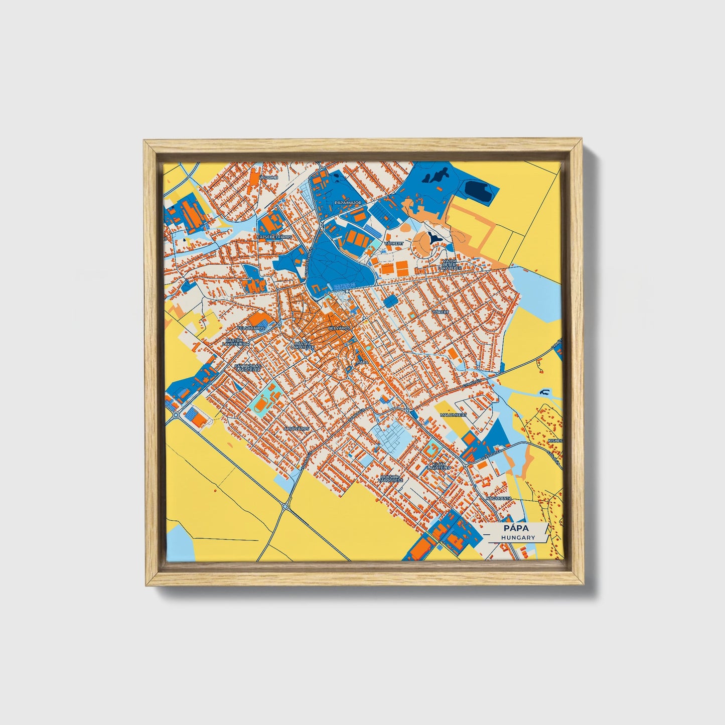 Papa Hungary Colorful City Map Canvas Print • Natural Wooden Framed