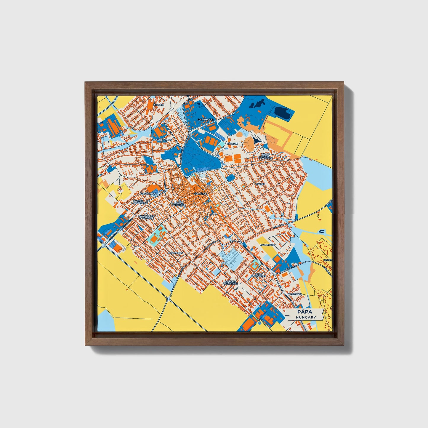 Papa Hungary Colorful City Map Canvas Print • Dark Wooden Framed