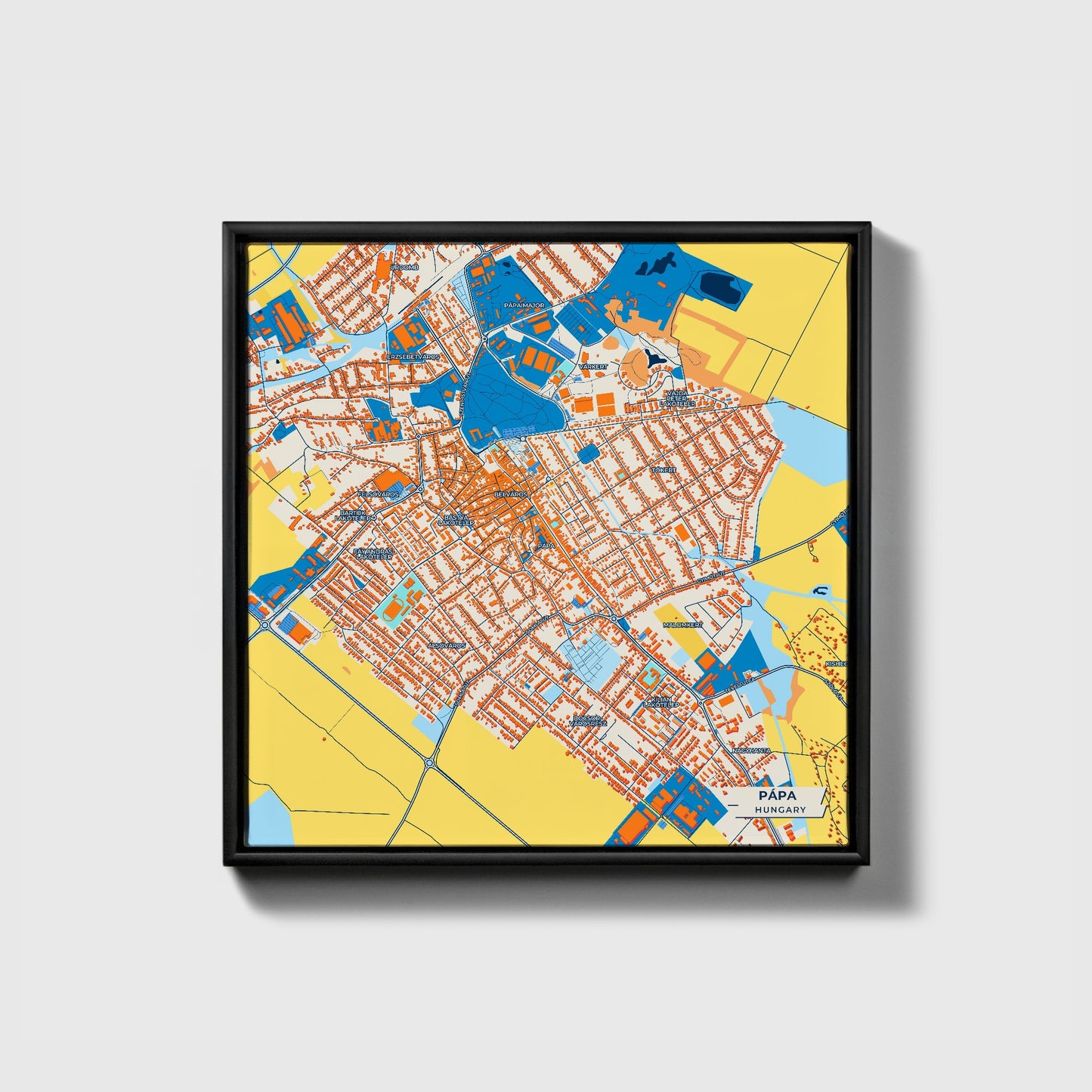 Papa Hungary Colorful City Map Canvas Print • Black Framed