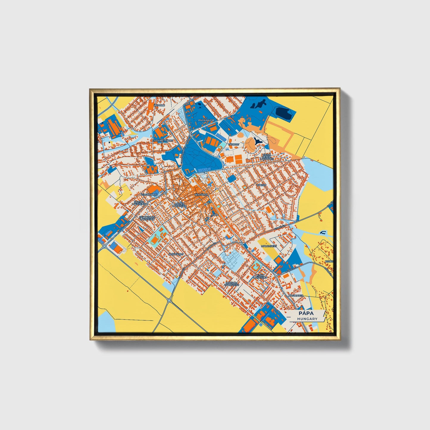 Papa Hungary Colorful City Map Canvas Print • Gold Framed