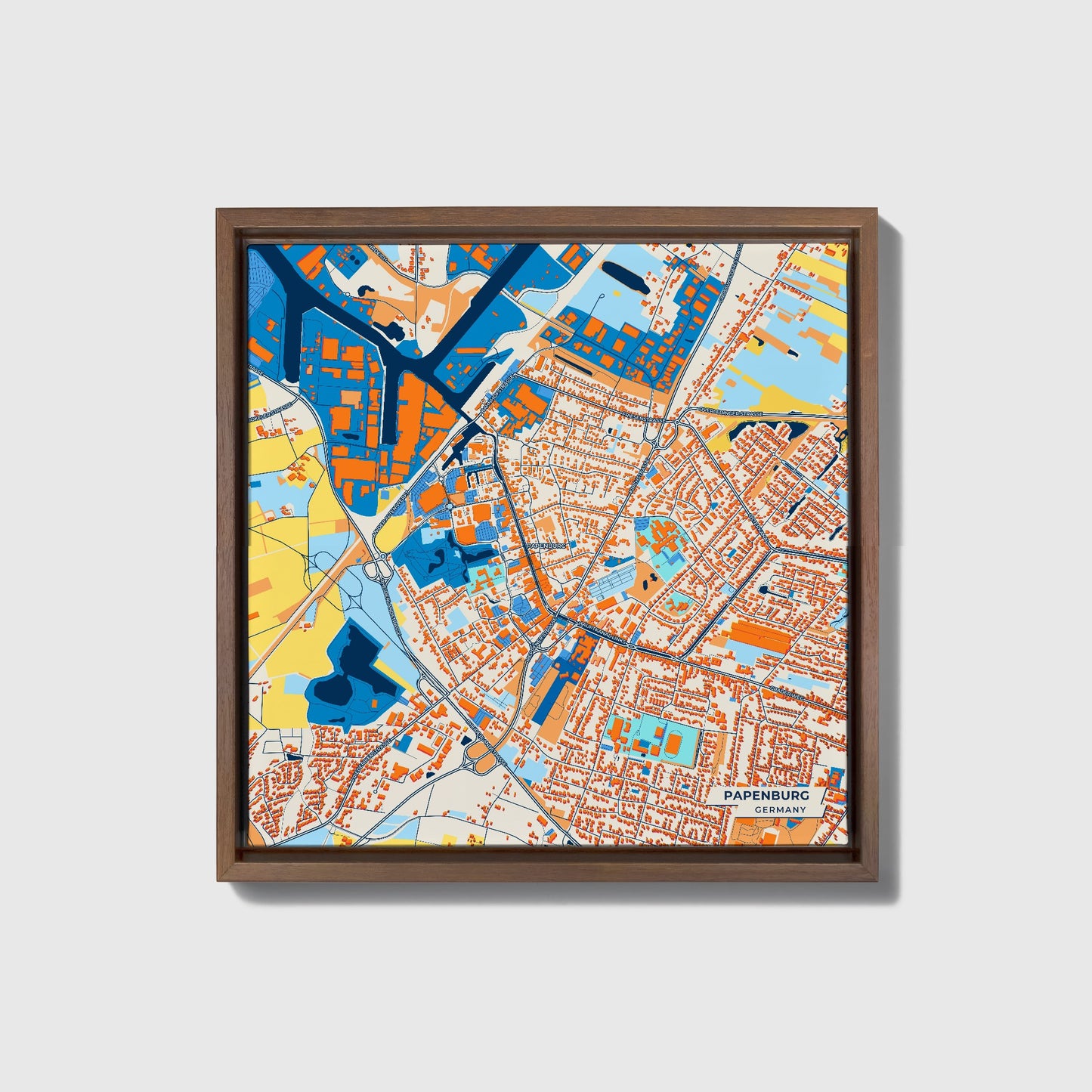 Papenburg Germany Colorful City Map Canvas Print • Dark Wooden Framed