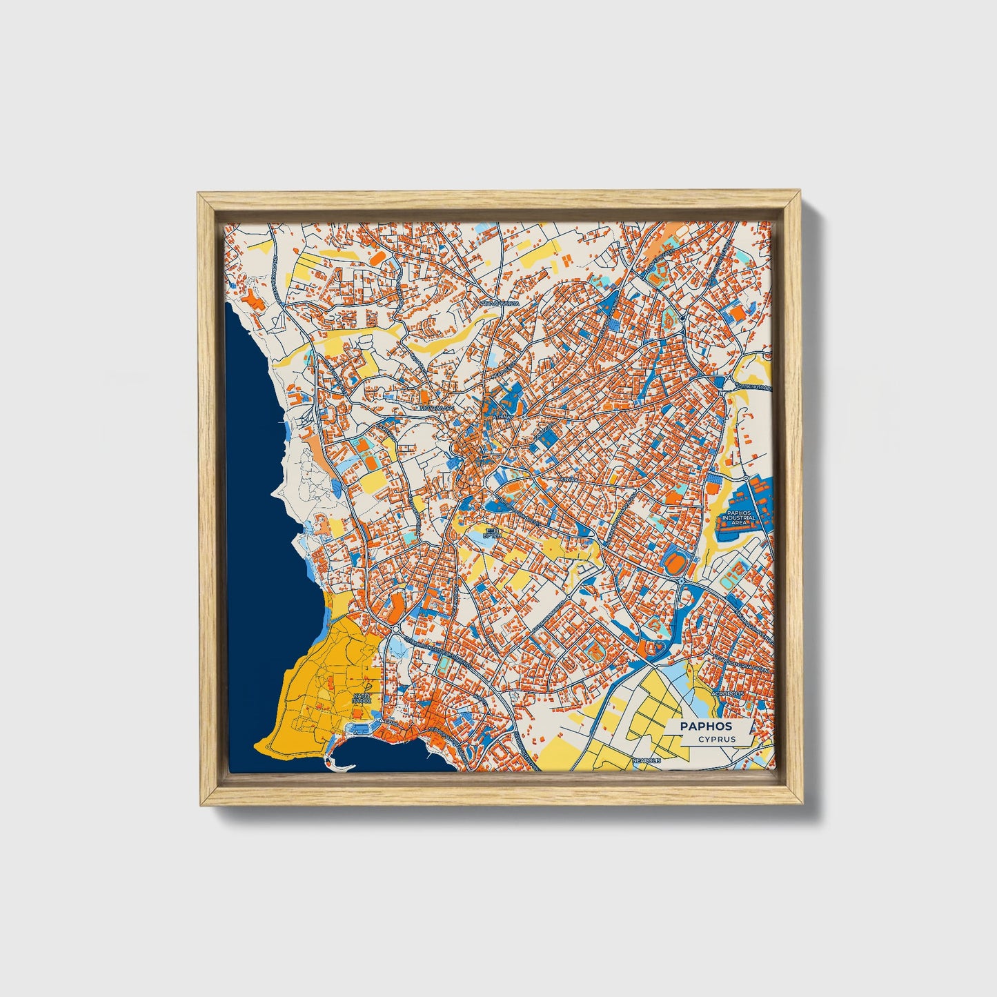 Paphos   Cyprus Colorful City Map Canvas Print • Natural Wooden Framed