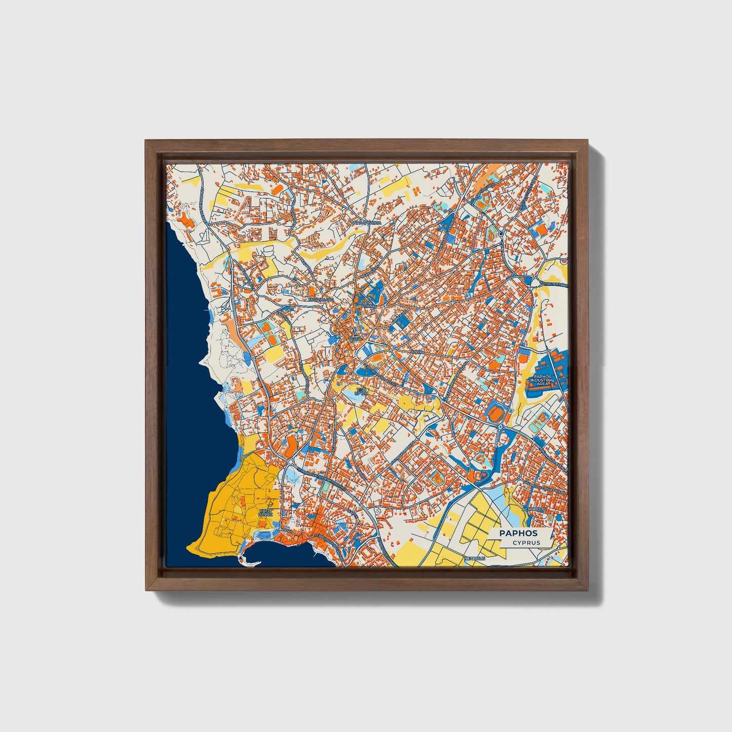 Paphos   Cyprus Colorful City Map Canvas Print • Dark Wooden Framed