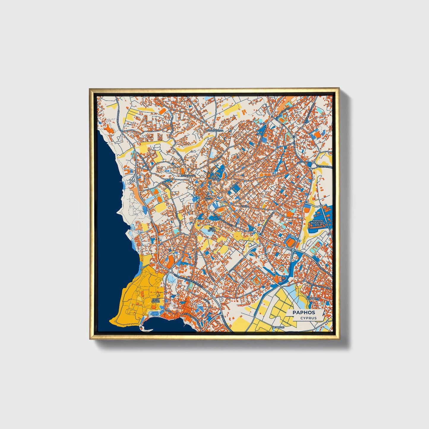 Paphos   Cyprus Colorful City Map Canvas Print • Gold Framed