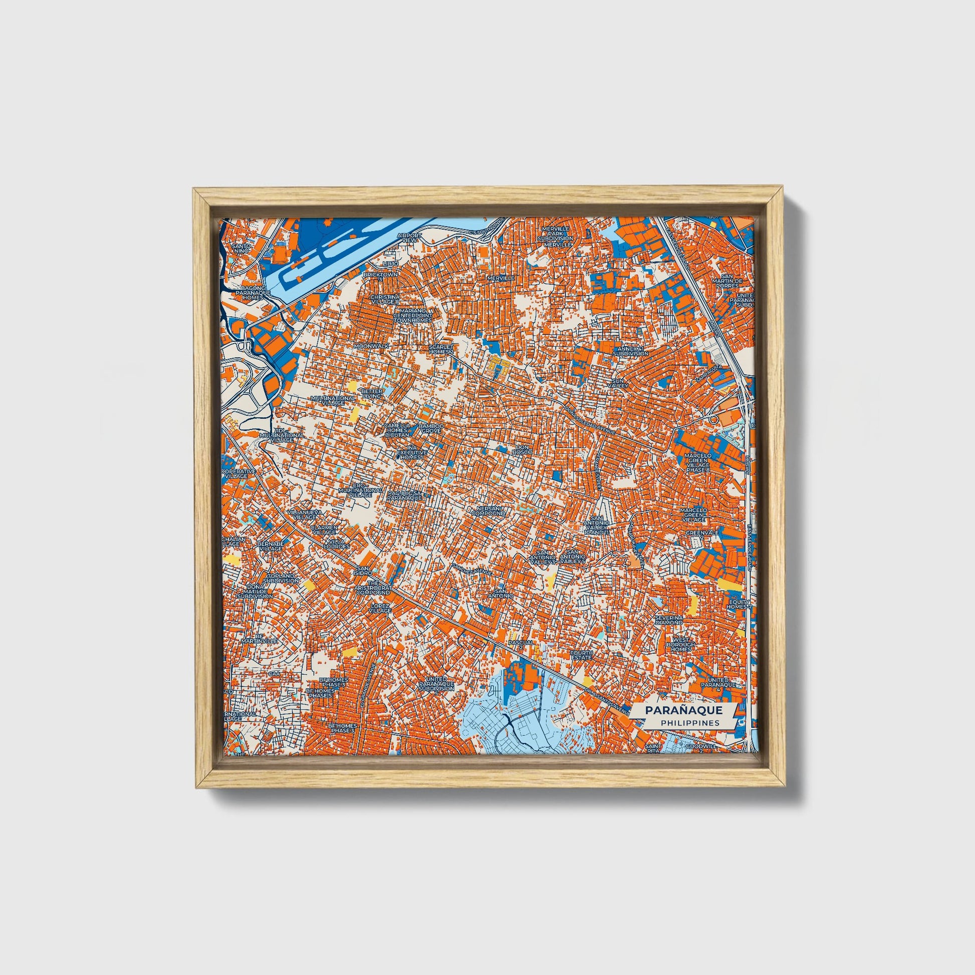 Parañaque Philippines Colorful City Map Canvas Print • Natural Wooden Framed