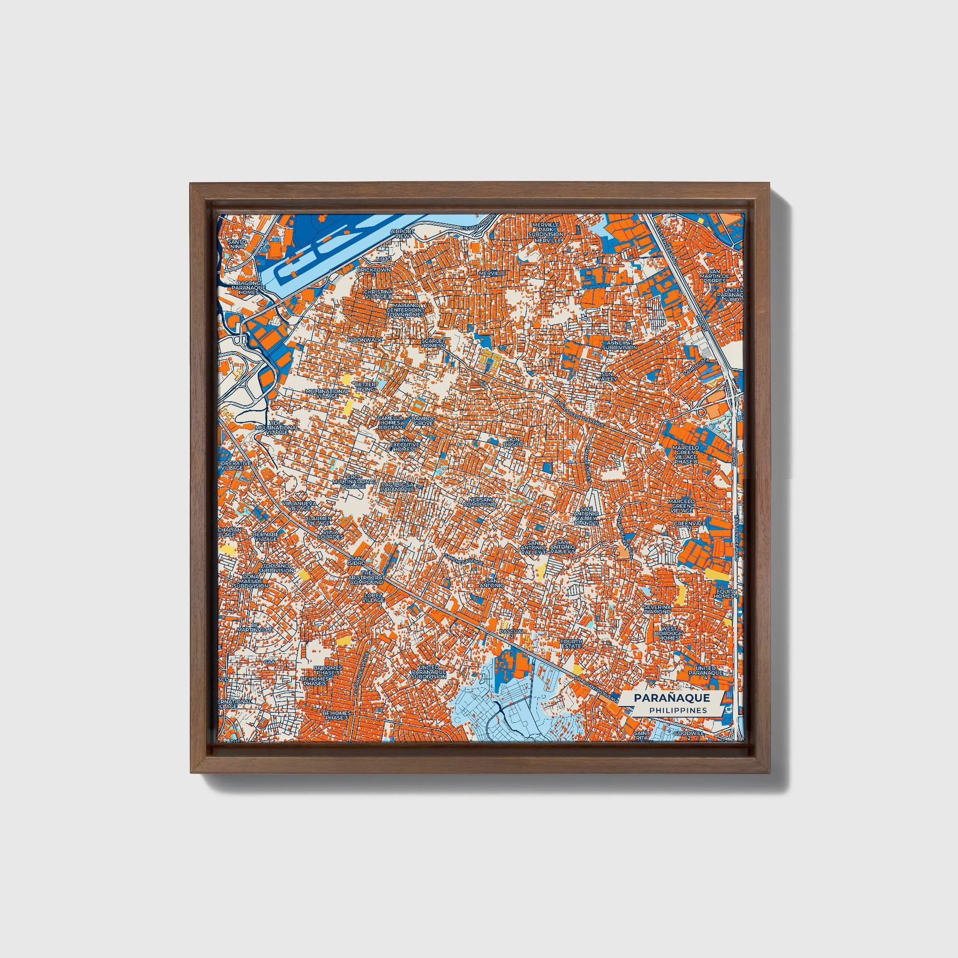 Parañaque Philippines Colorful City Map Canvas Print • Dark Wooden Framed