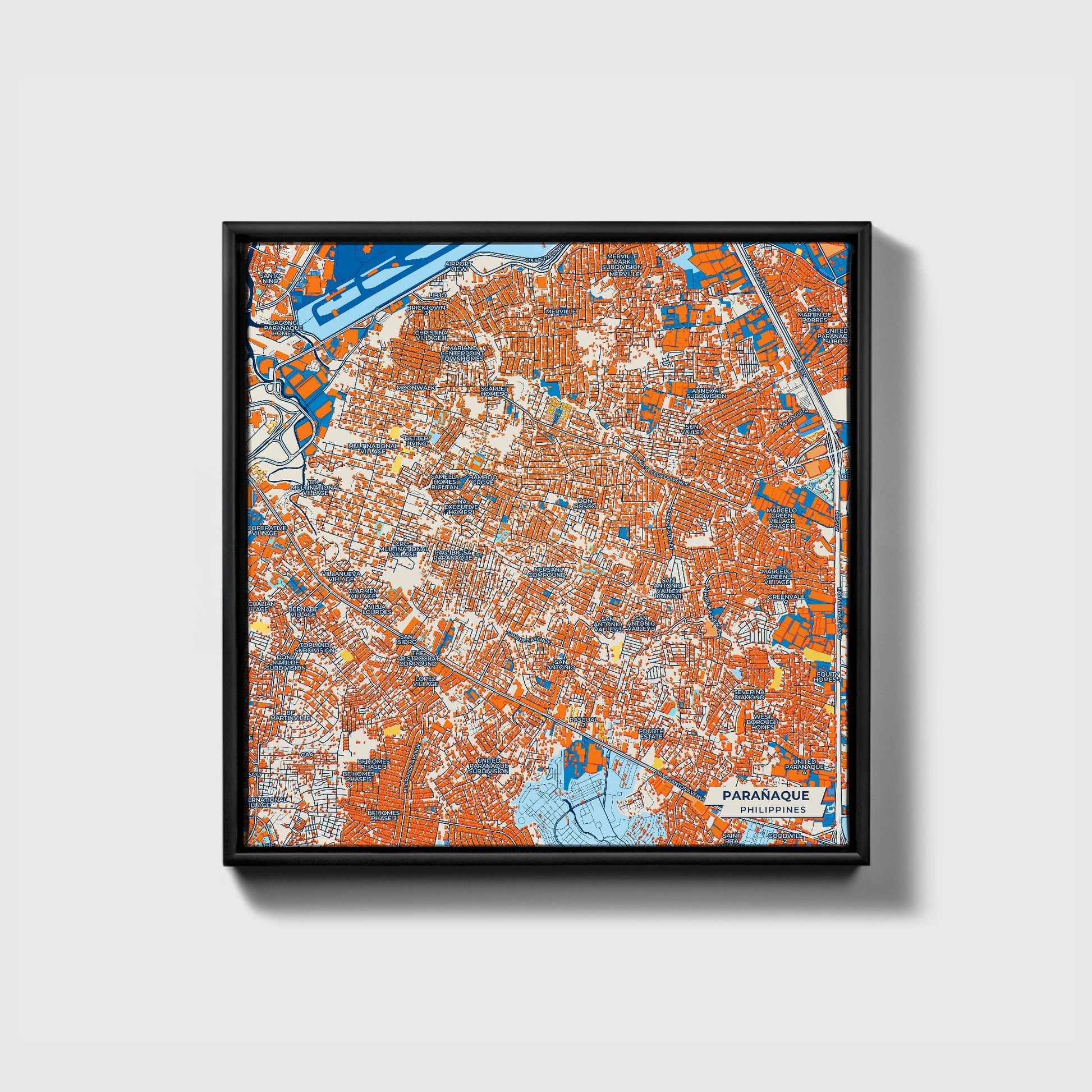 Parañaque Philippines Colorful City Map Canvas Print • Black Framed