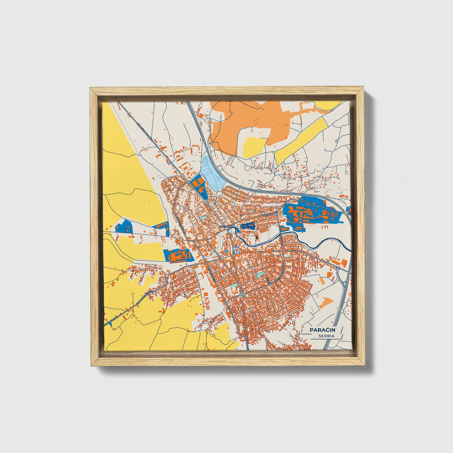 Параћин Serbia Colorful City Map Canvas Print • Natural Wooden Framed