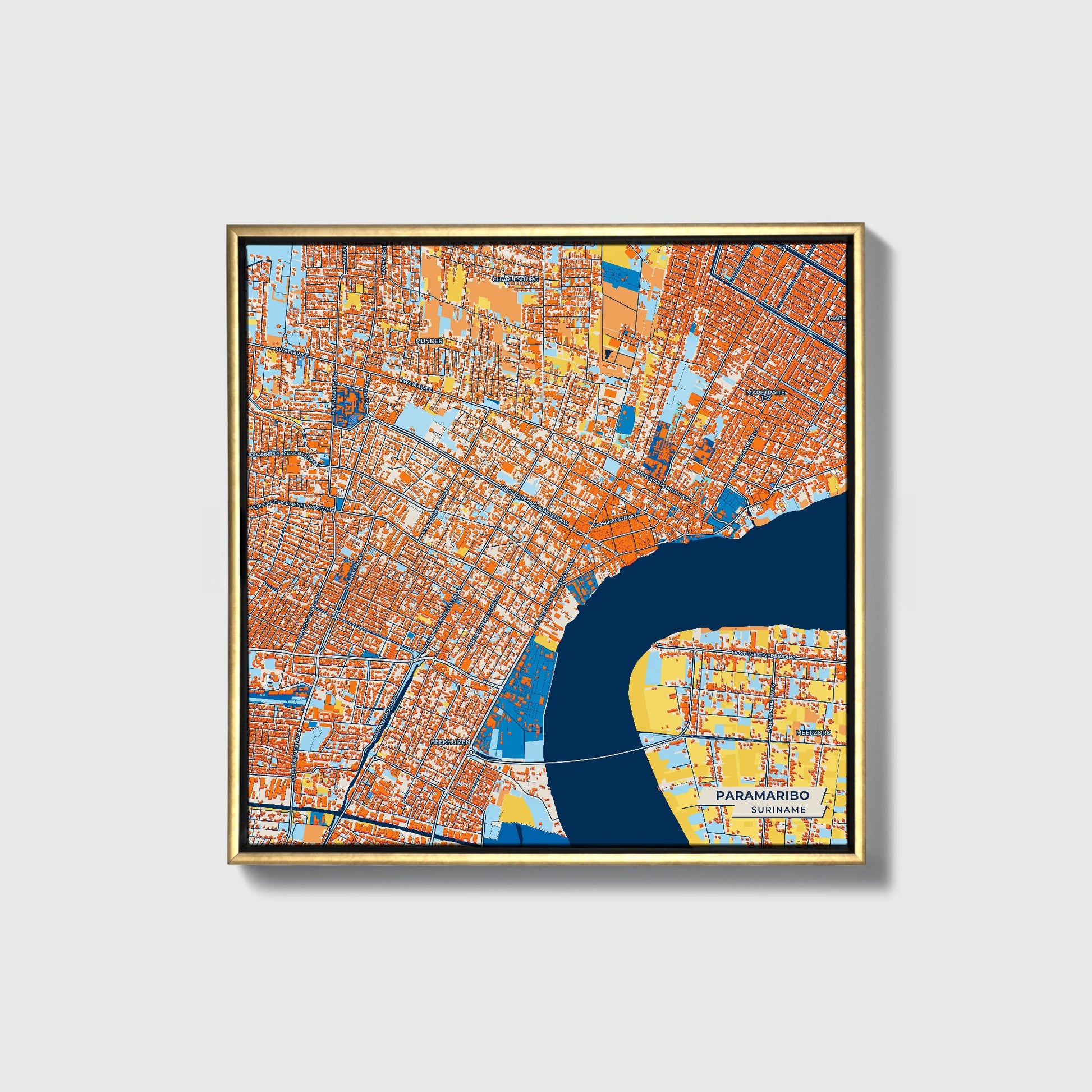 Paramaribo Suriname Colorful City Map Canvas Print • Gold Framed