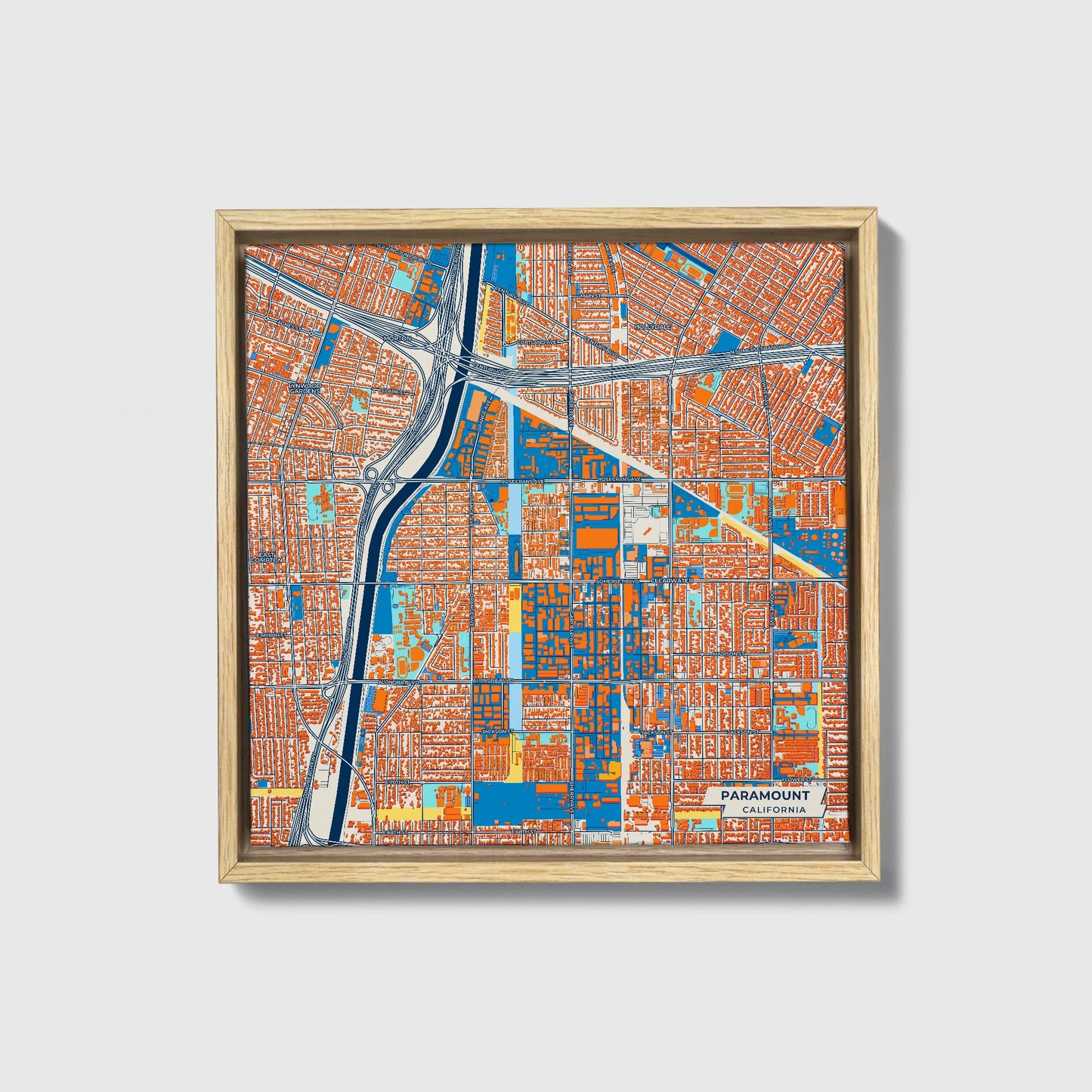 Paramount California Colorful City Map Canvas Print • Natural Wooden Framed