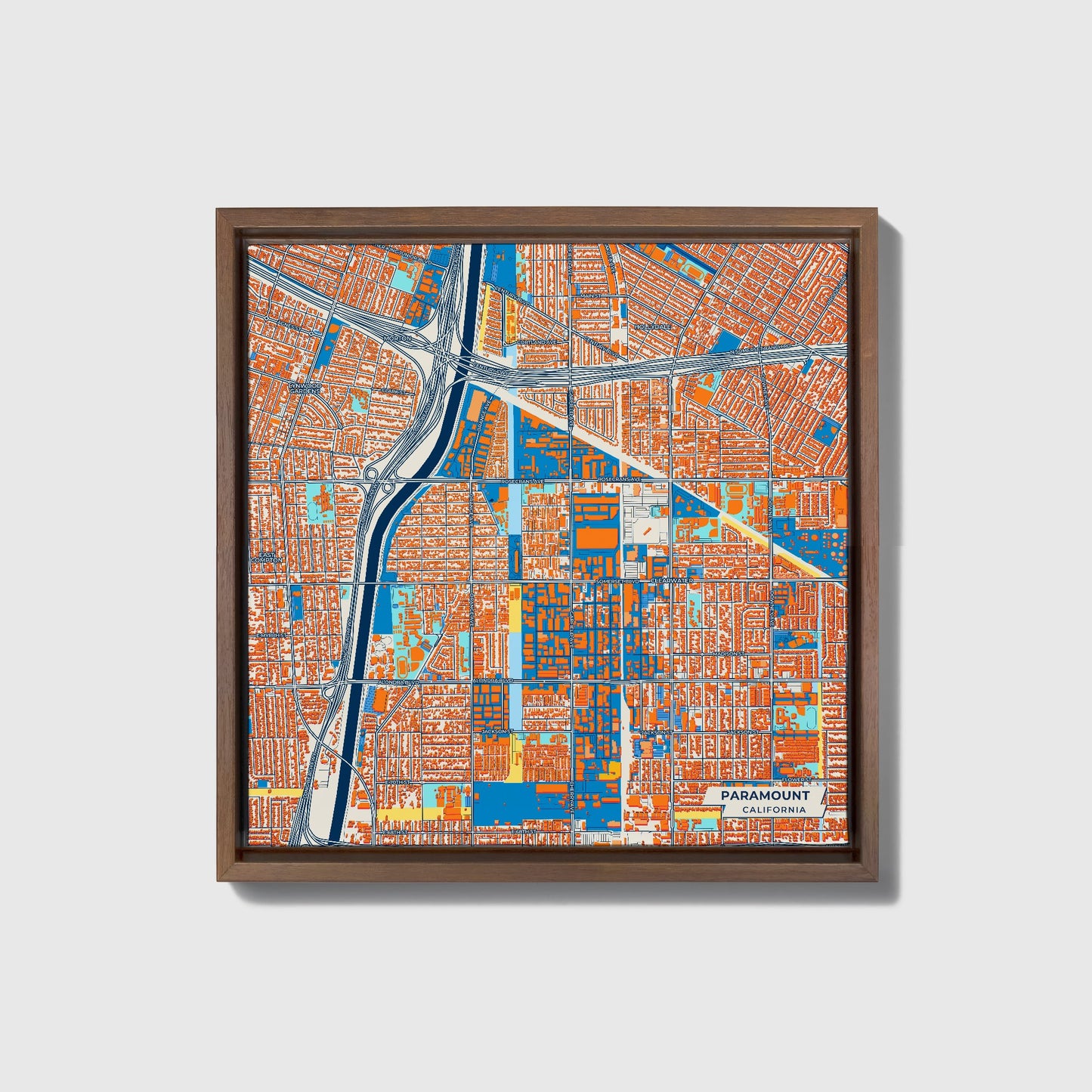 Paramount California Colorful City Map Canvas Print • Dark Wooden Framed