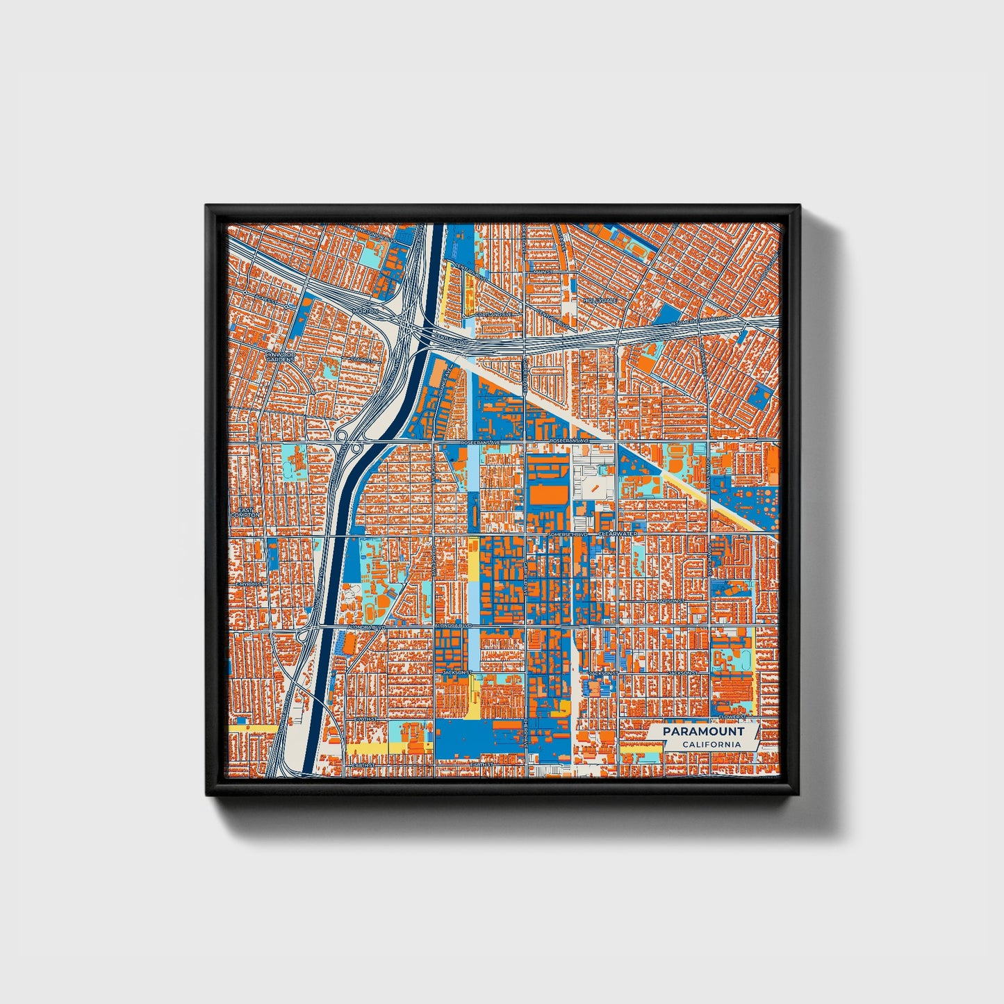 Paramount California Colorful City Map Canvas Print • Black Framed