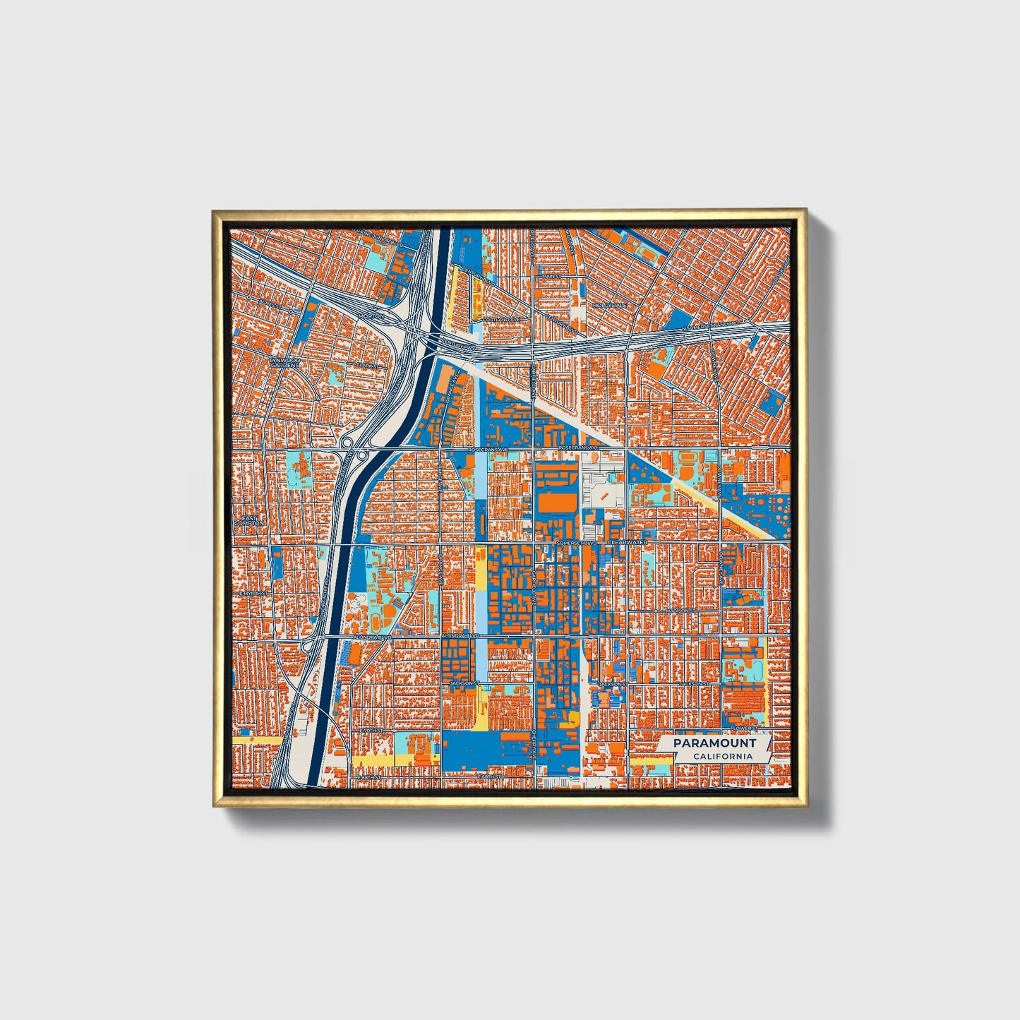 Paramount California Colorful City Map Canvas Print • Gold Framed