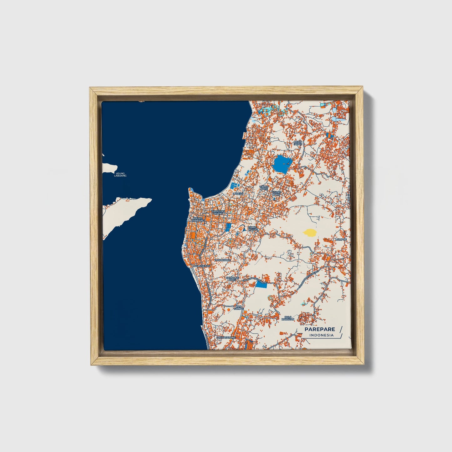 Parepare Indonesia Colorful City Map Canvas Print • Natural Wooden Framed