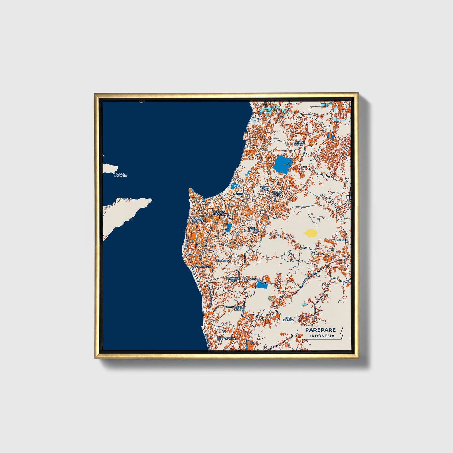 Parepare Indonesia Colorful City Map Canvas Print • Gold Framed