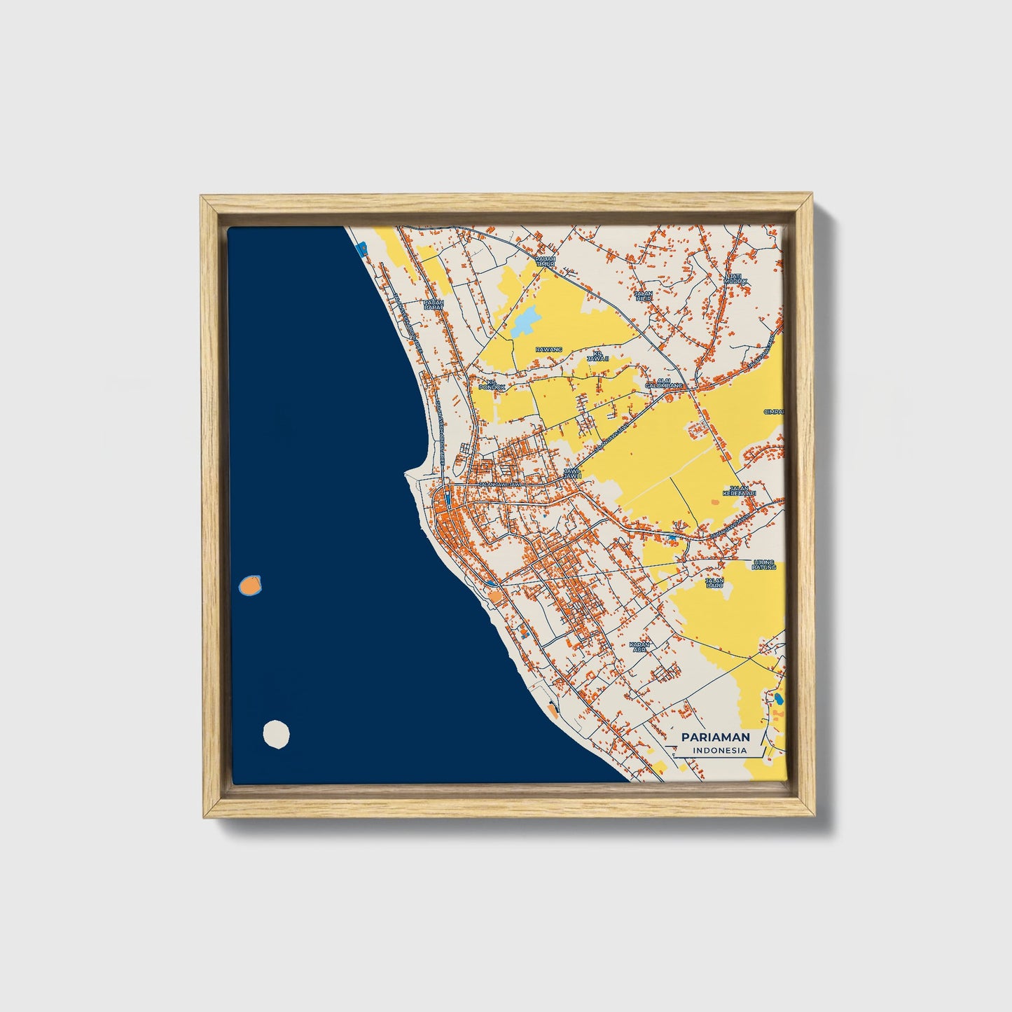 Pariaman Indonesia Colorful City Map Canvas Print • Natural Wooden Framed