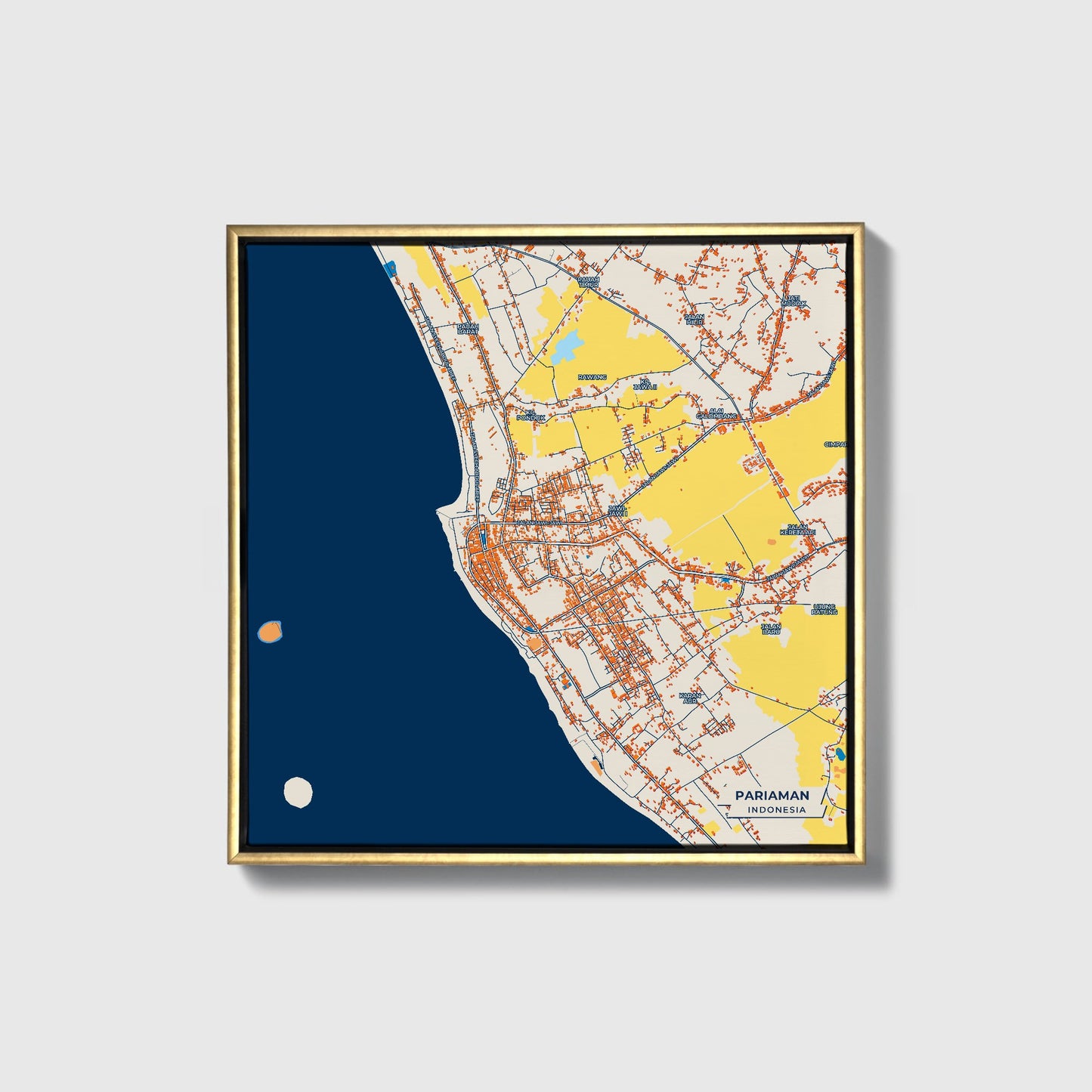 Pariaman Indonesia Colorful City Map Canvas Print • Gold Framed