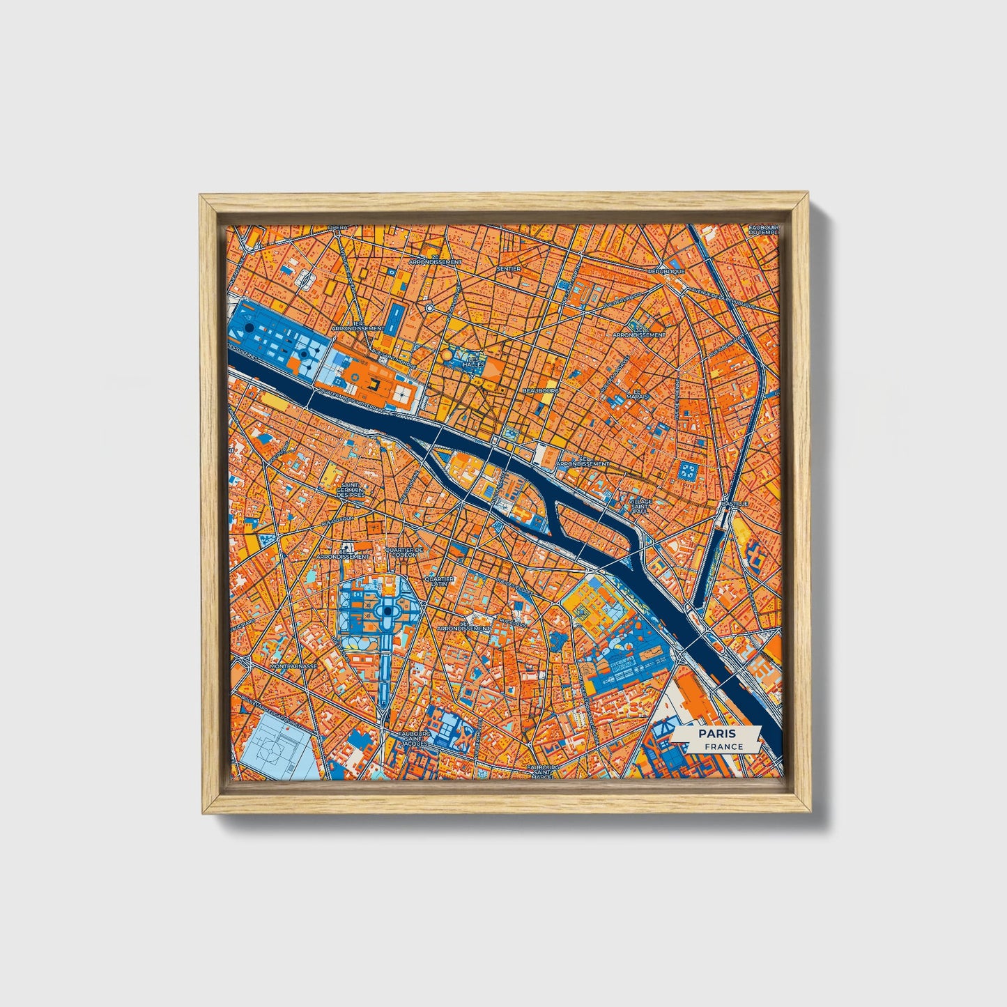Paris France Colorful City Map Canvas Print • Natural Wooden Framed