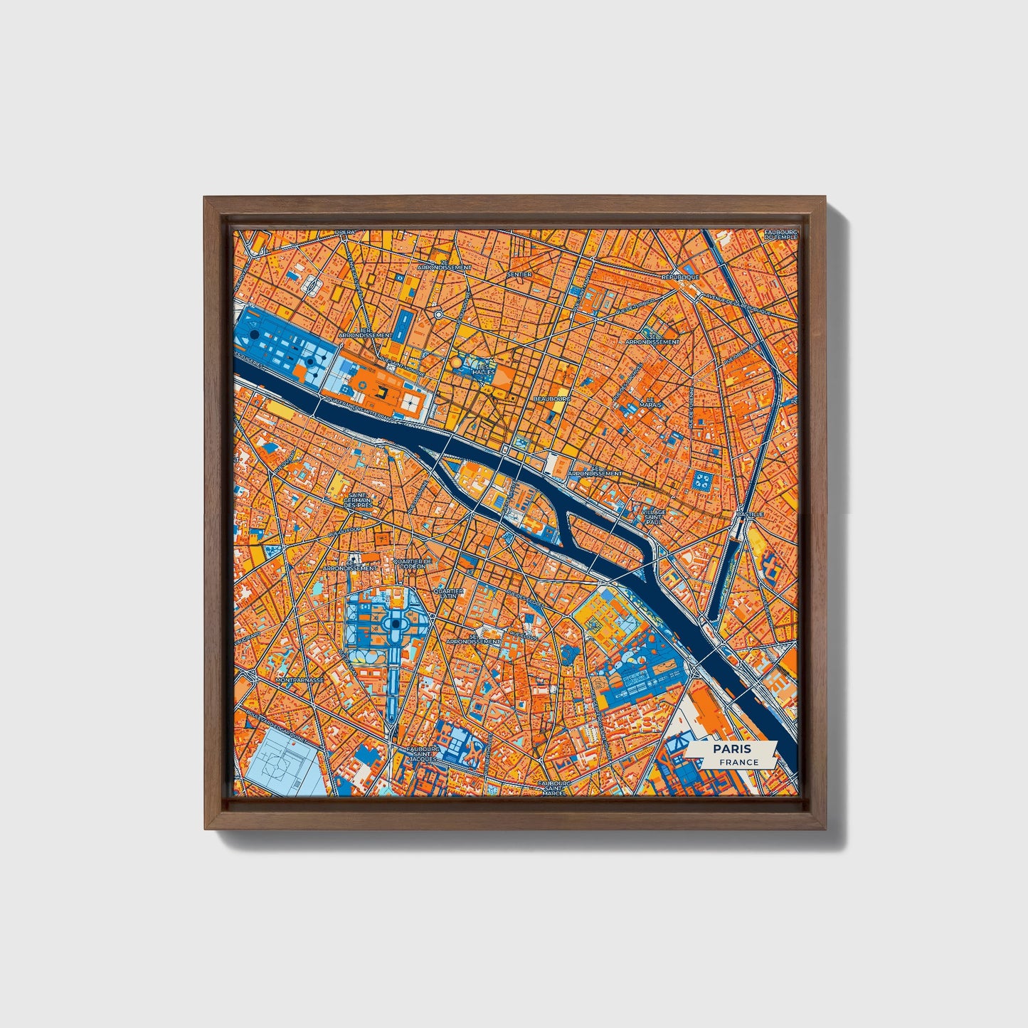 Paris France Colorful City Map Canvas Print • Dark Wooden Framed
