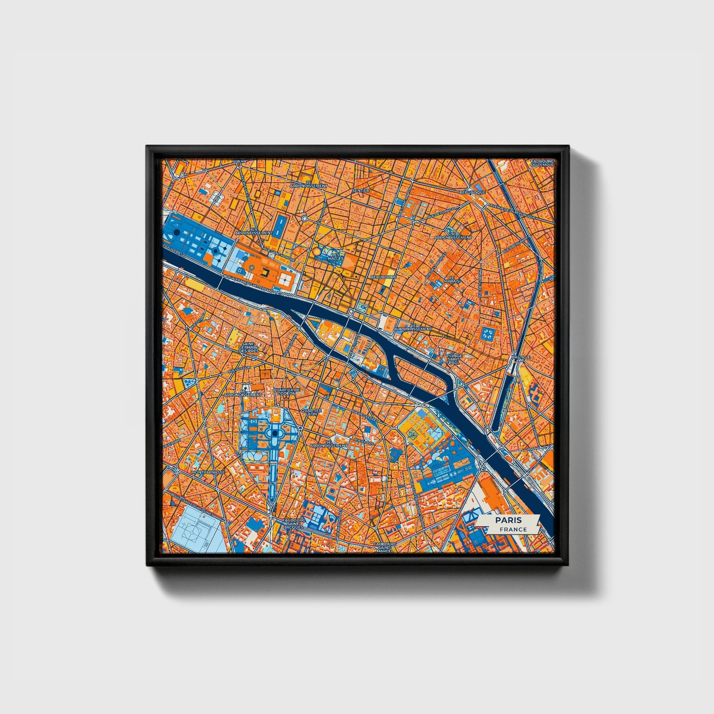 Paris France Colorful City Map Canvas Print • Black Framed