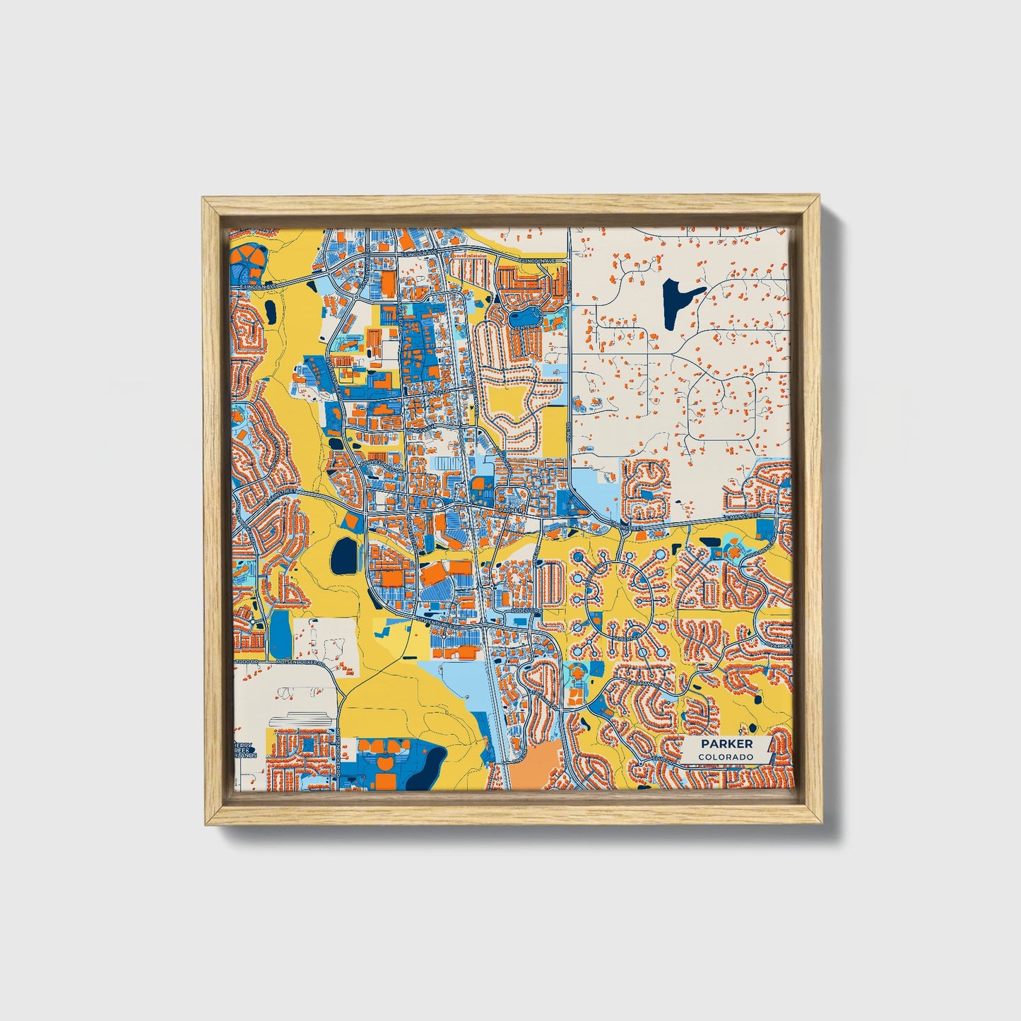 Parker Colorado Colorful City Map Canvas Print • Natural Wooden Framed