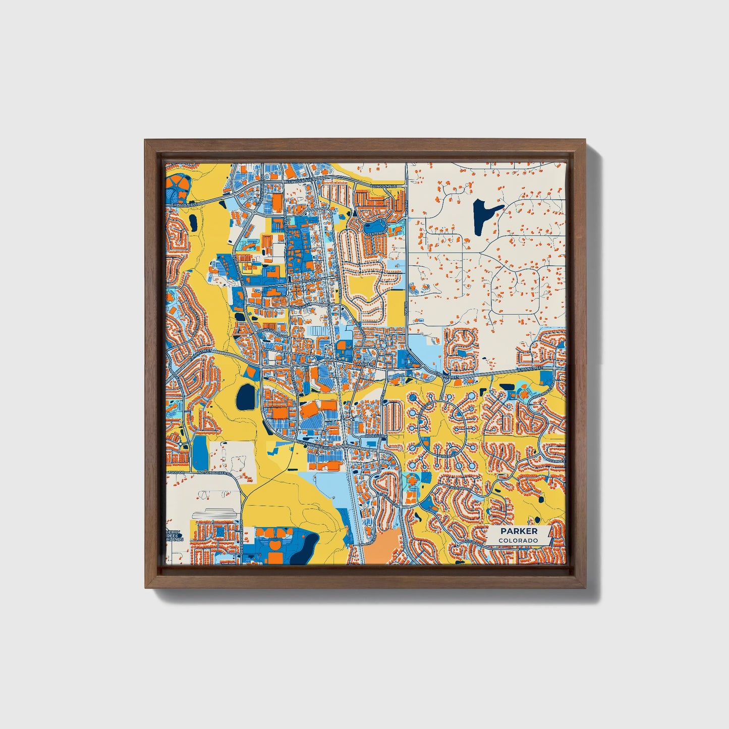 Parker Colorado Colorful City Map Canvas Print • Dark Wooden Framed