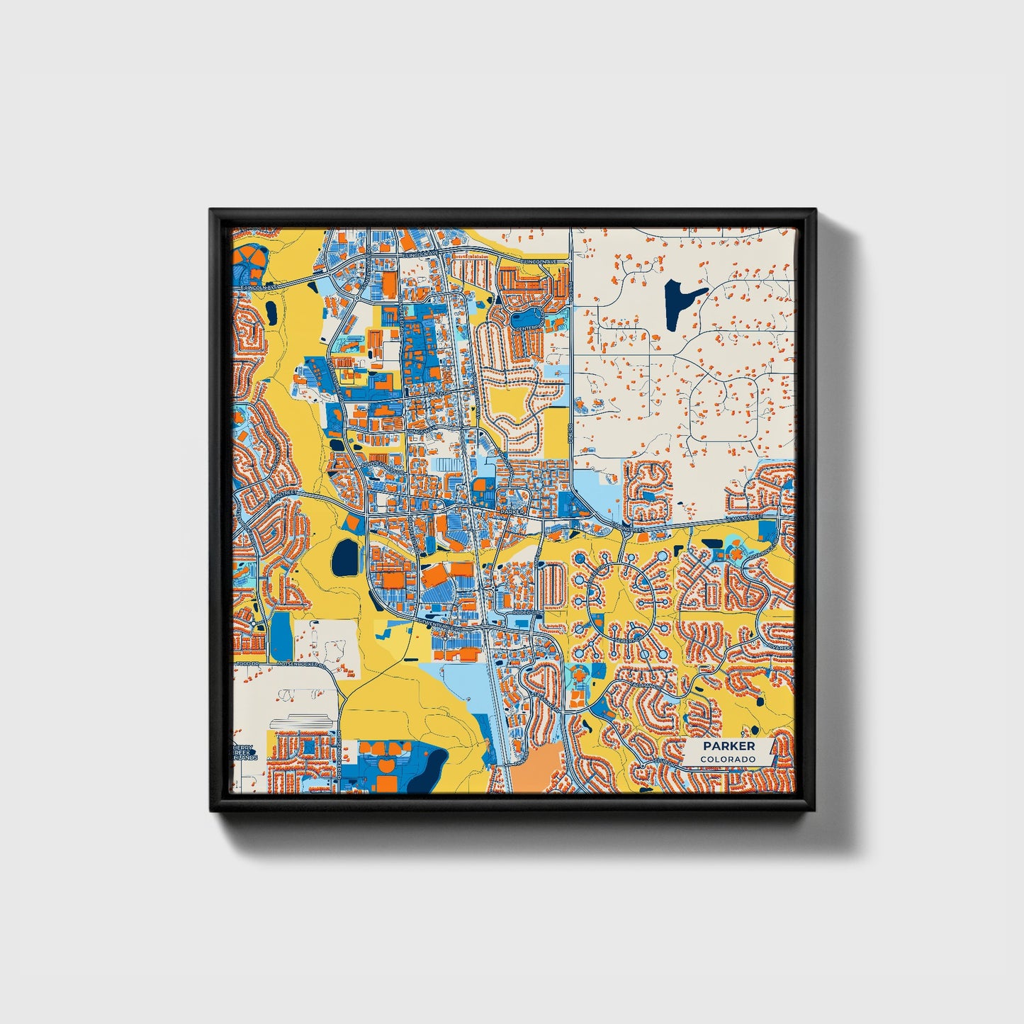 Parker Colorado Colorful City Map Canvas Print • Black Framed