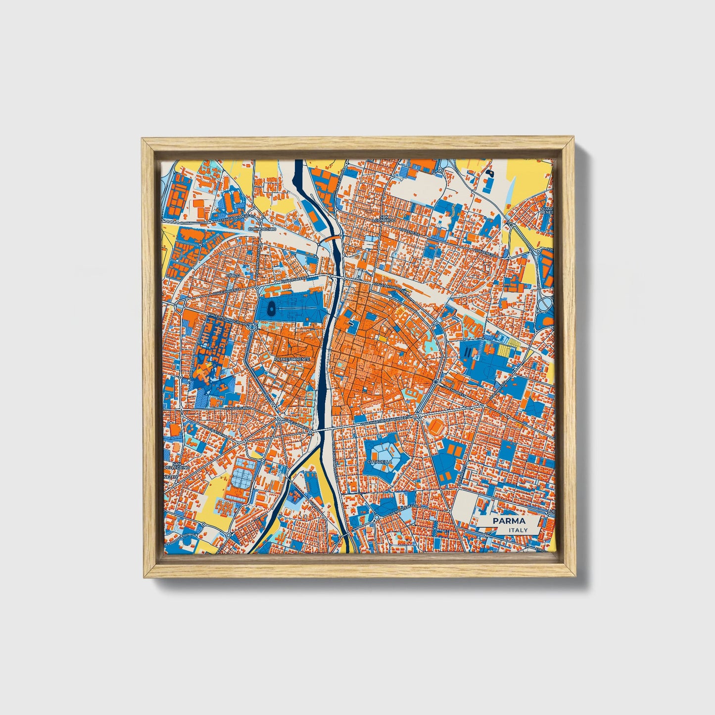 Parma  Italy Colorful City Map Canvas Print • Natural Wooden Framed
