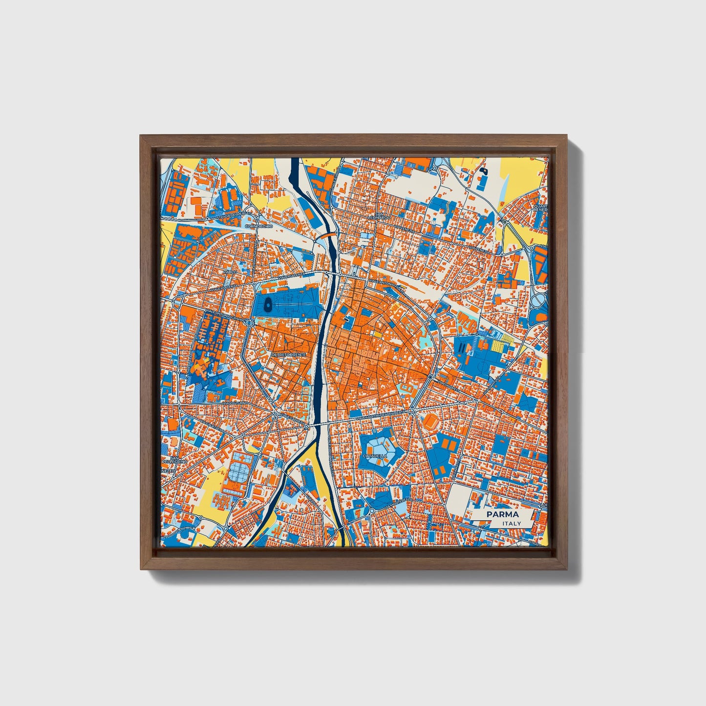 Parma  Italy Colorful City Map Canvas Print • Dark Wooden Framed