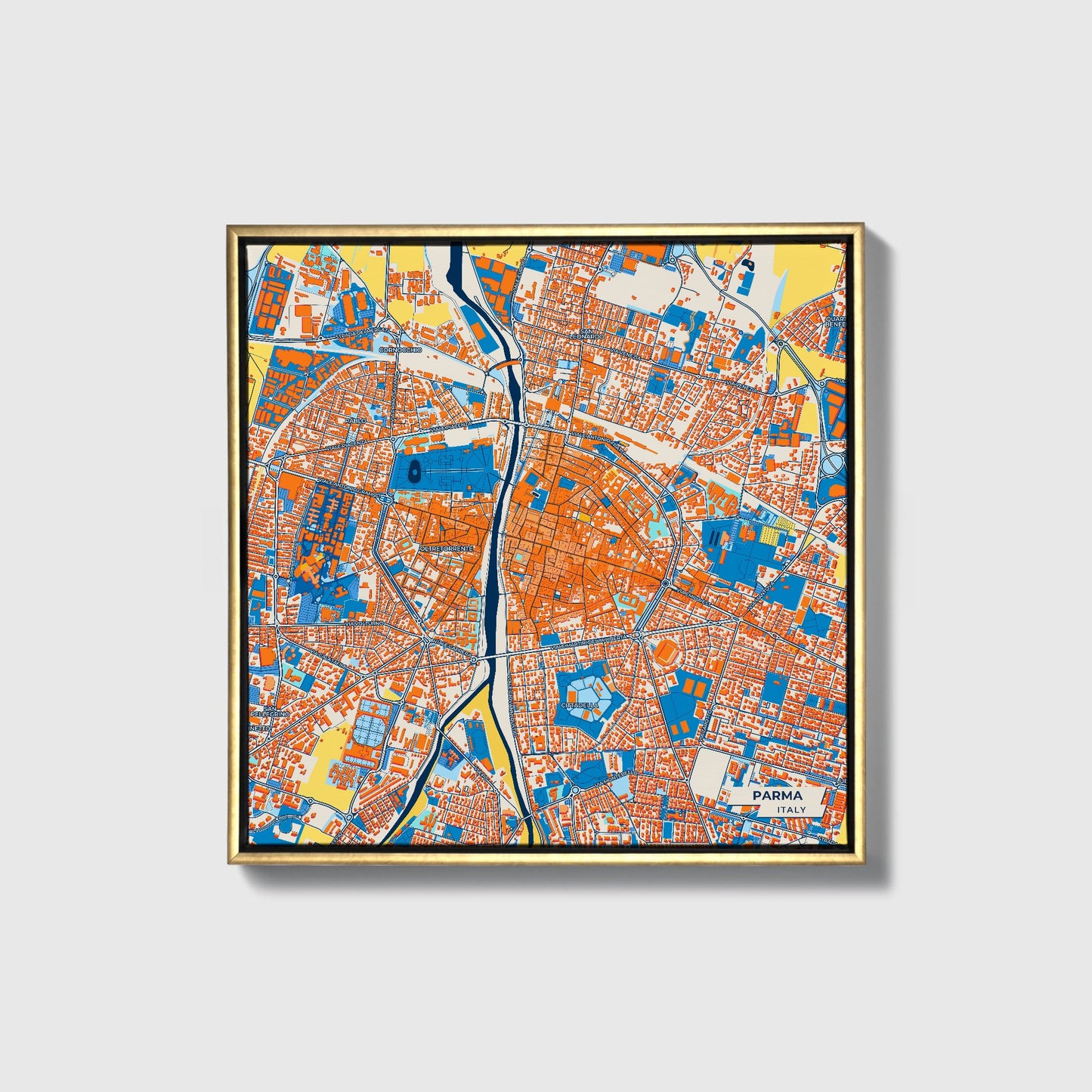 Parma  Italy Colorful City Map Canvas Print • Gold Framed