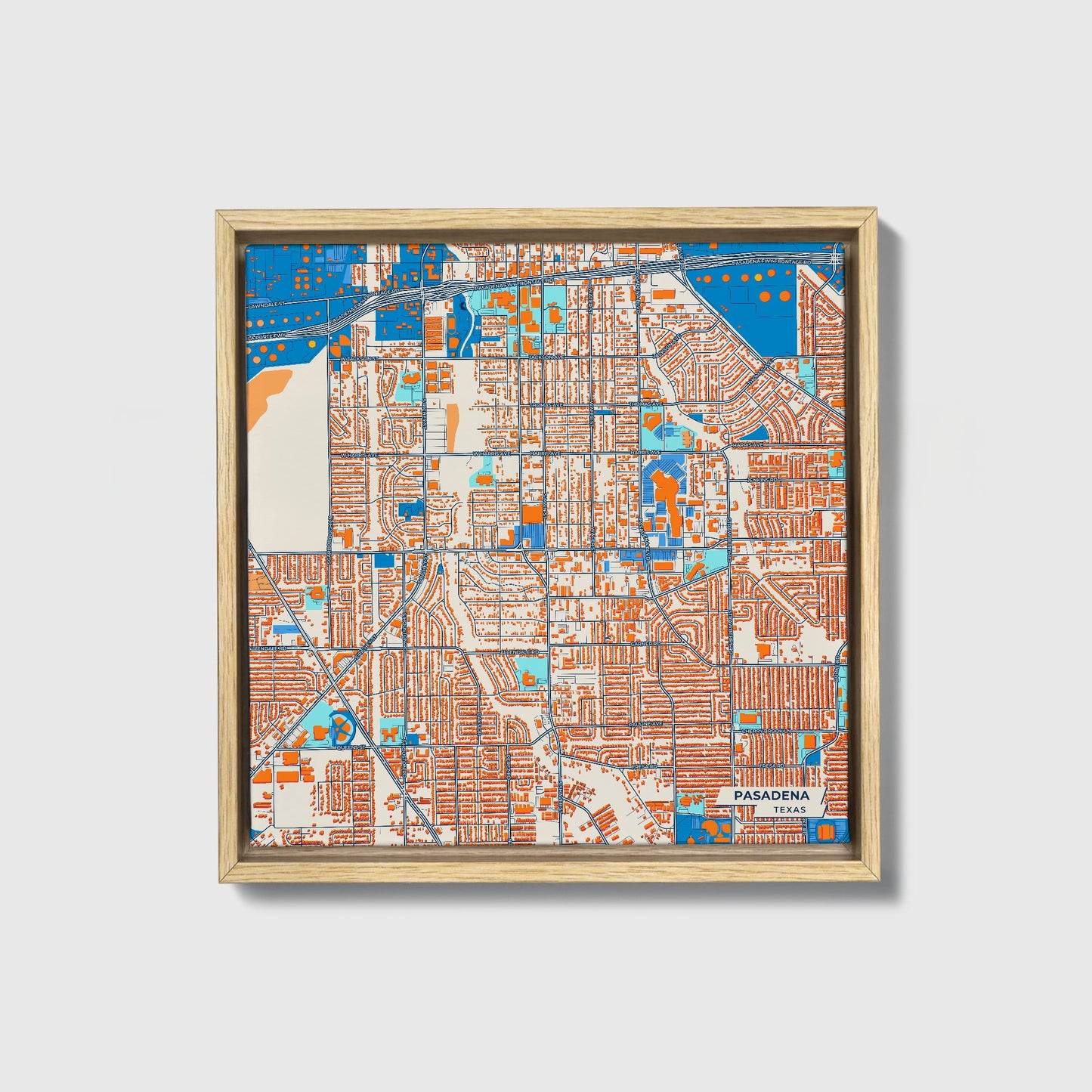 Pasadena Texas Colorful City Map Canvas Print • Natural Wooden Framed