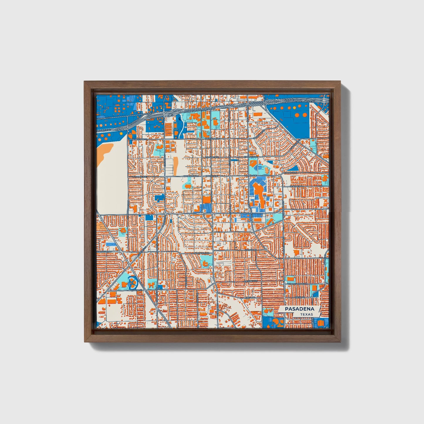 Pasadena Texas Colorful City Map Canvas Print • Dark Wooden Framed