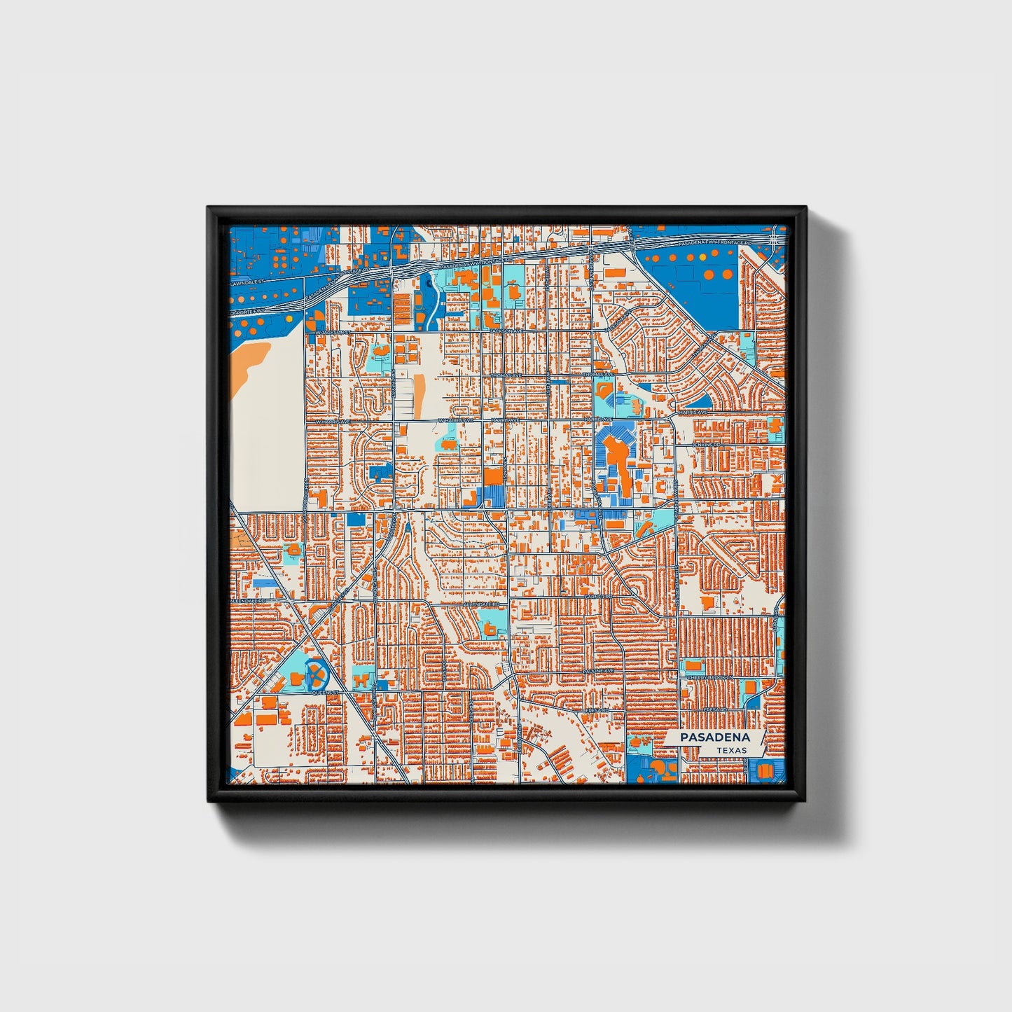 Pasadena Texas Colorful City Map Canvas Print • Black Framed