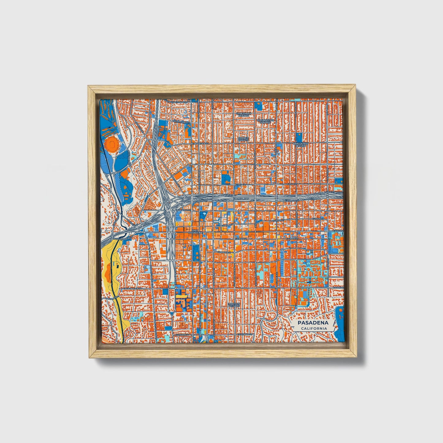 Pasadena California Colorful City Map Canvas Print • Natural Wooden Framed