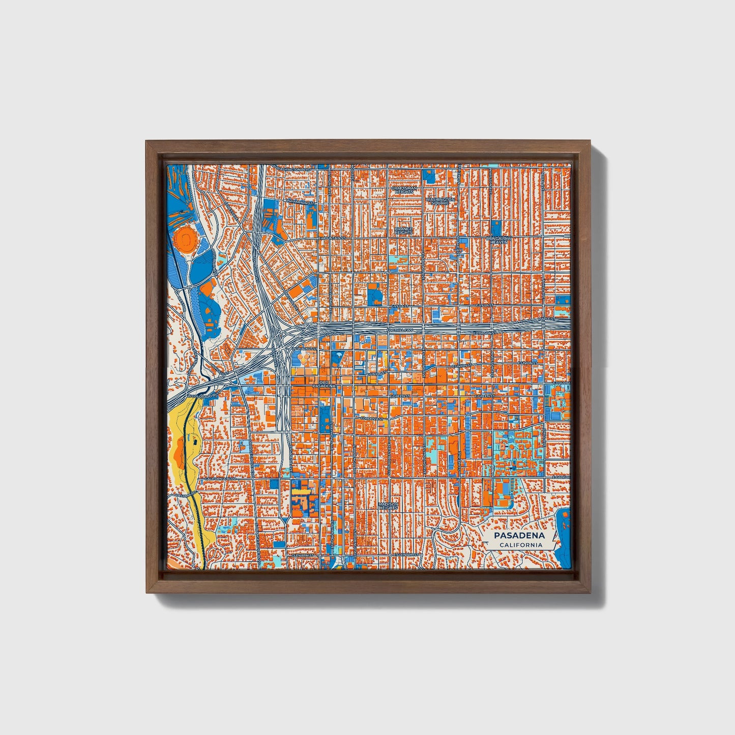 Pasadena California Colorful City Map Canvas Print • Dark Wooden Framed