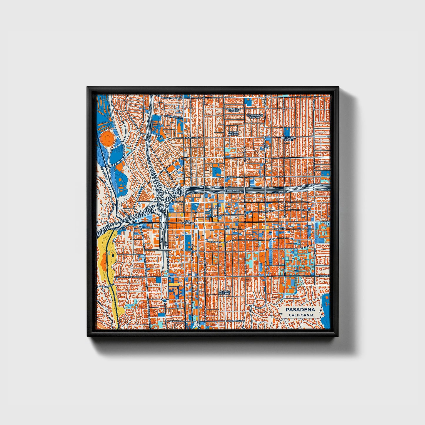 Pasadena California Colorful City Map Canvas Print • Black Framed