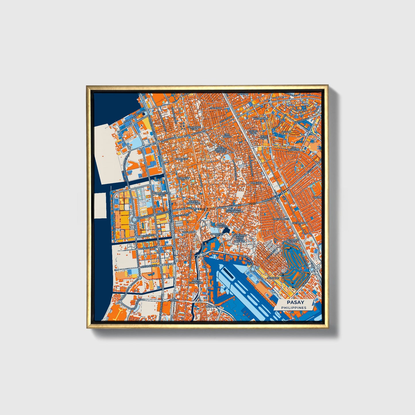 Pasay Philippines Colorful City Map Canvas Print • Gold Framed