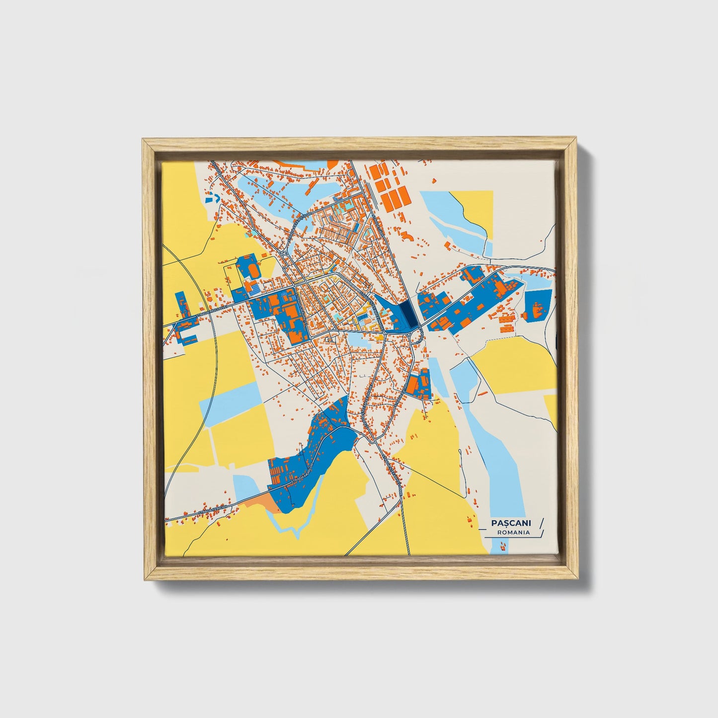 Pașcani Romania Colorful City Map Canvas Print • Natural Wooden Framed