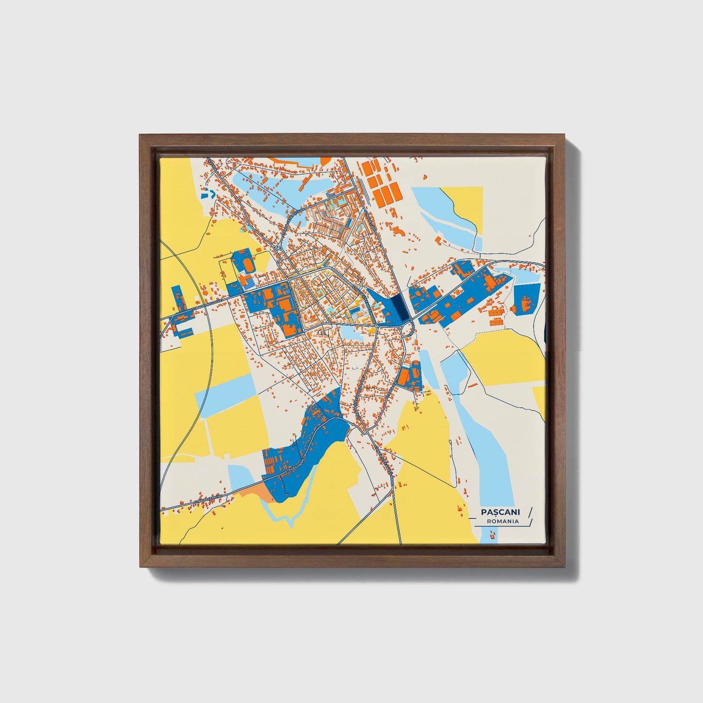 Pașcani Romania Colorful City Map Canvas Print • Dark Wooden Framed