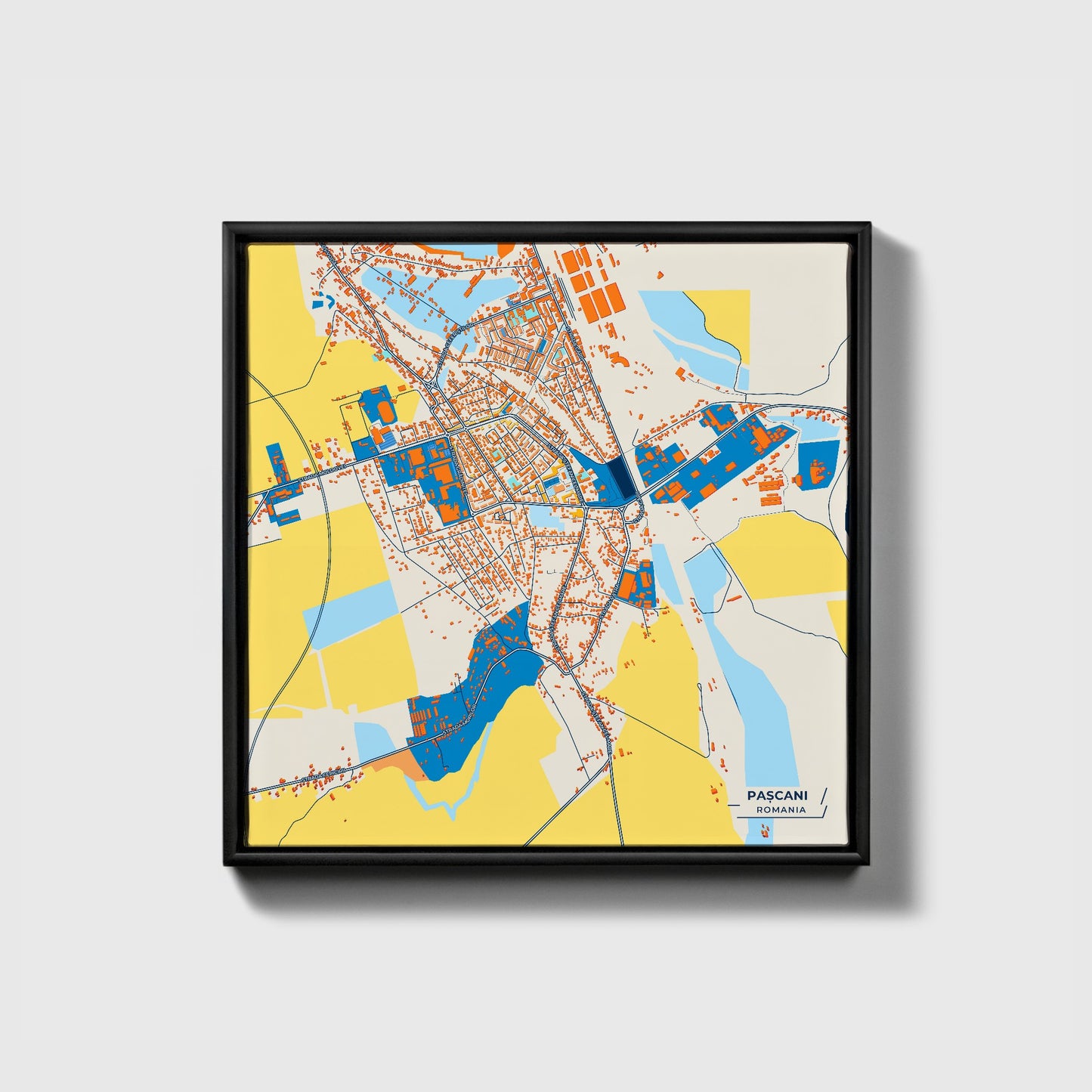 Pașcani Romania Colorful City Map Canvas Print • Black Framed