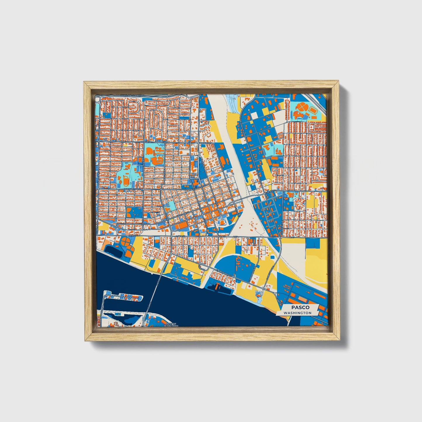Pasco Washington Colorful City Map Canvas Print • Natural Wooden Framed
