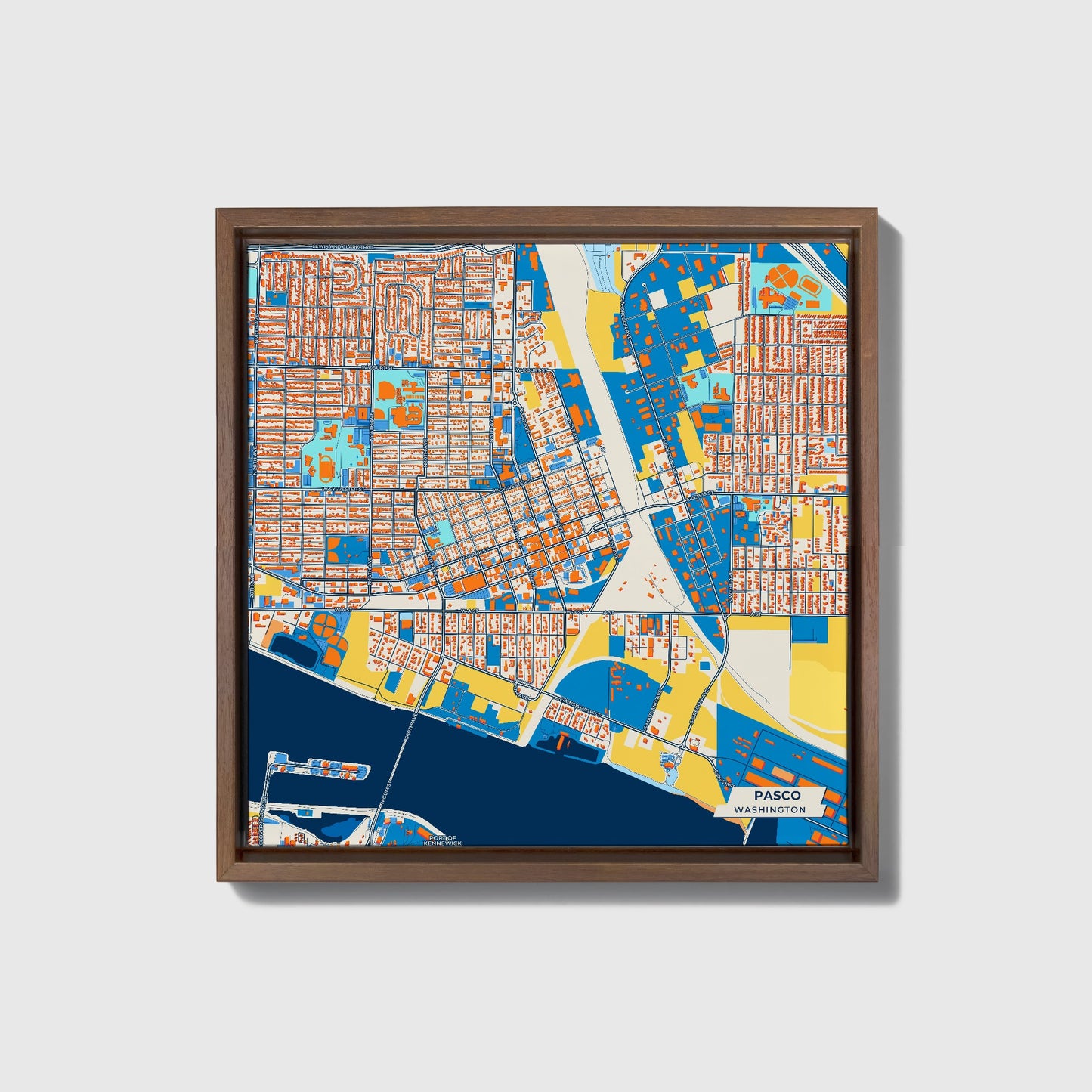 Pasco Washington Colorful City Map Canvas Print • Dark Wooden Framed